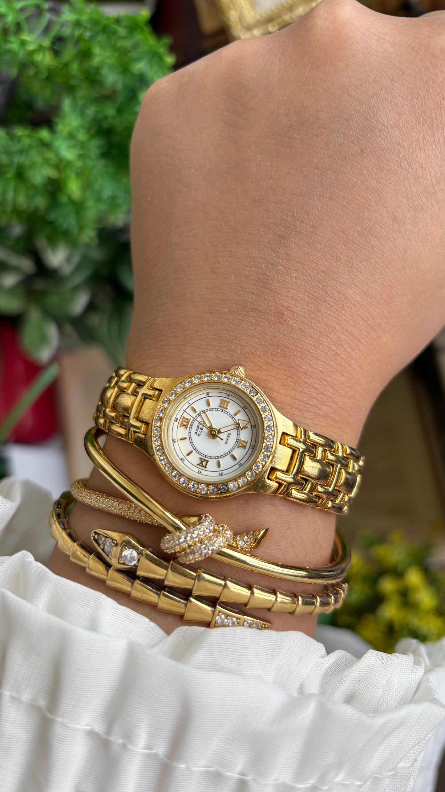 Vintage Anne Klein Bejeweled Watch in Gold Tone