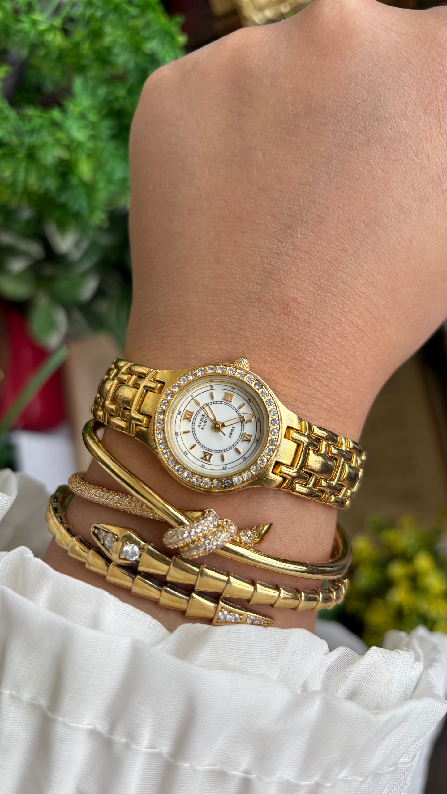 Vintage Anne Klein Bejeweled Watch in Gold Tone