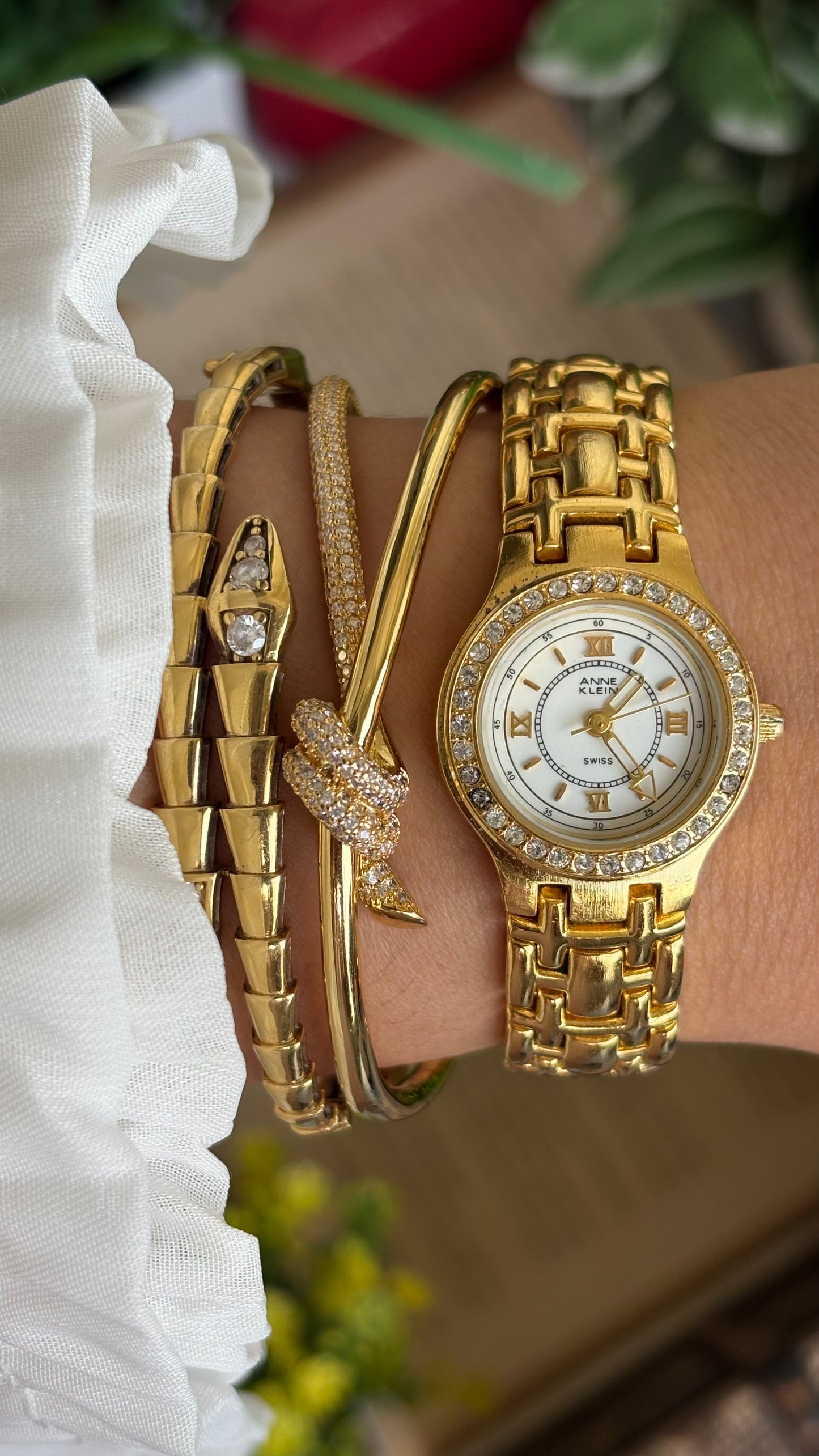 Vintage Anne Klein Bejeweled Watch in Gold Tone