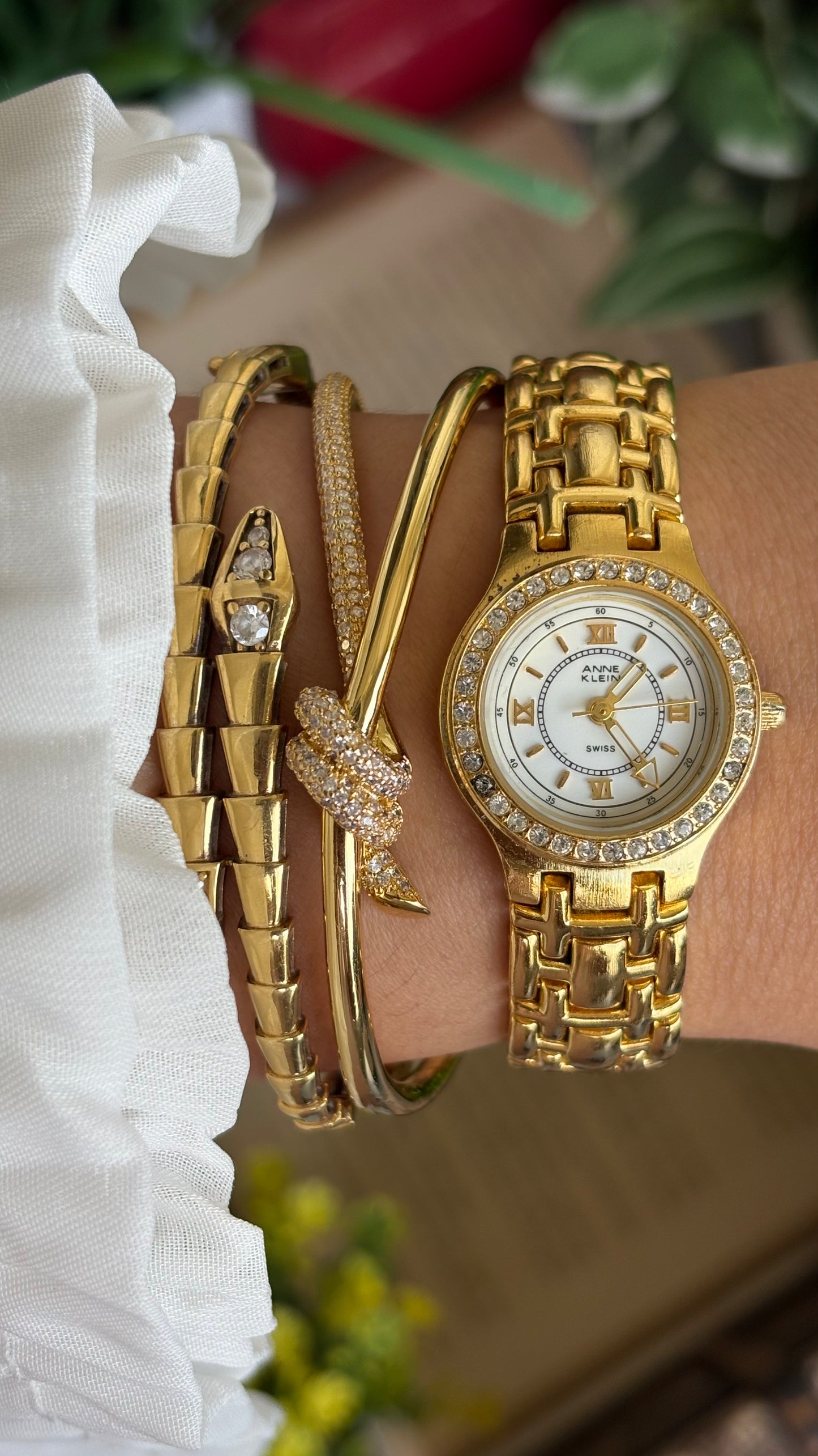 Vintage Anne Klein Bejeweled Watch in Gold Tone