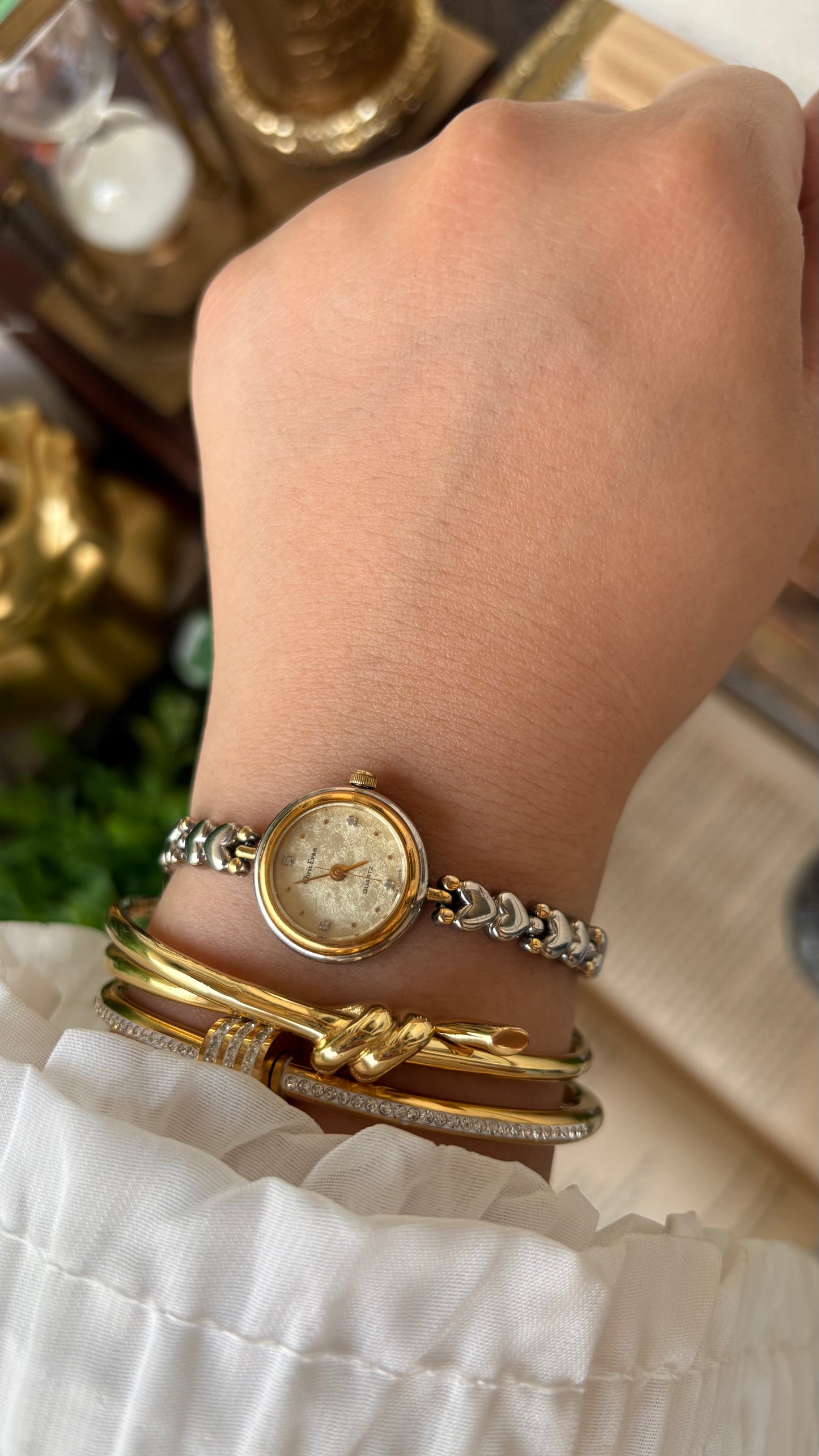 Vintage Dainty Chris Evans Heart Strap Watch in Two-Tone Gold Dial Japan Quartz