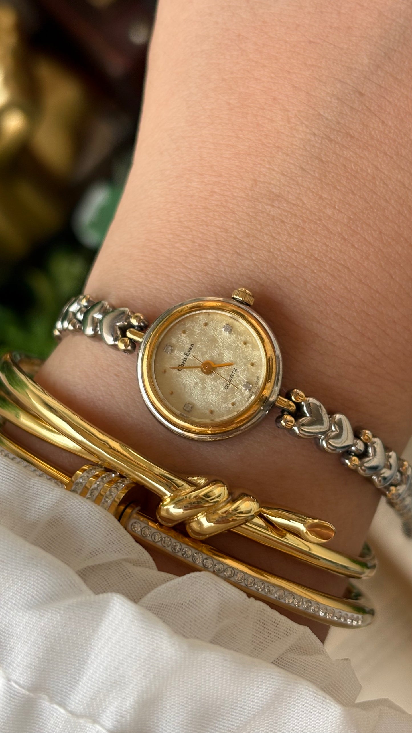 Vintage Dainty Chris Evans Heart Strap Watch in Two-Tone Gold Dial Japan Quartz