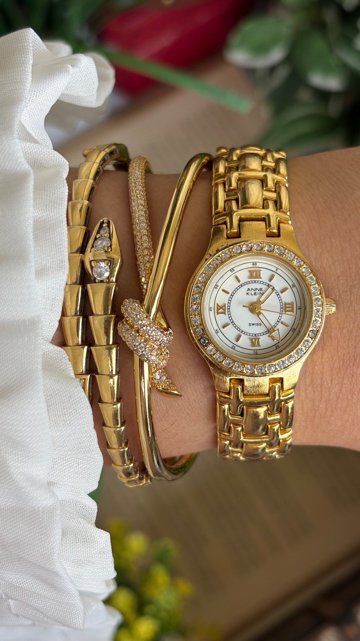 Vintage Anne Klein Bejeweled Watch in Gold Tone
