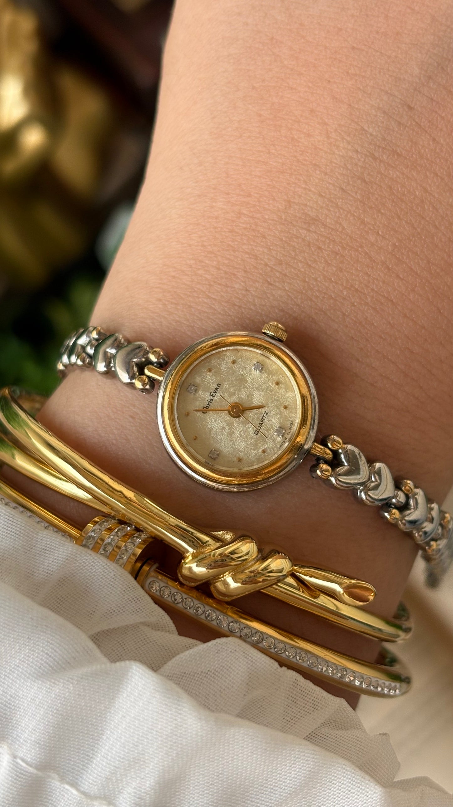 Vintage Dainty Chris Evans Heart Strap Watch in Two-Tone Gold Dial Japan Quartz