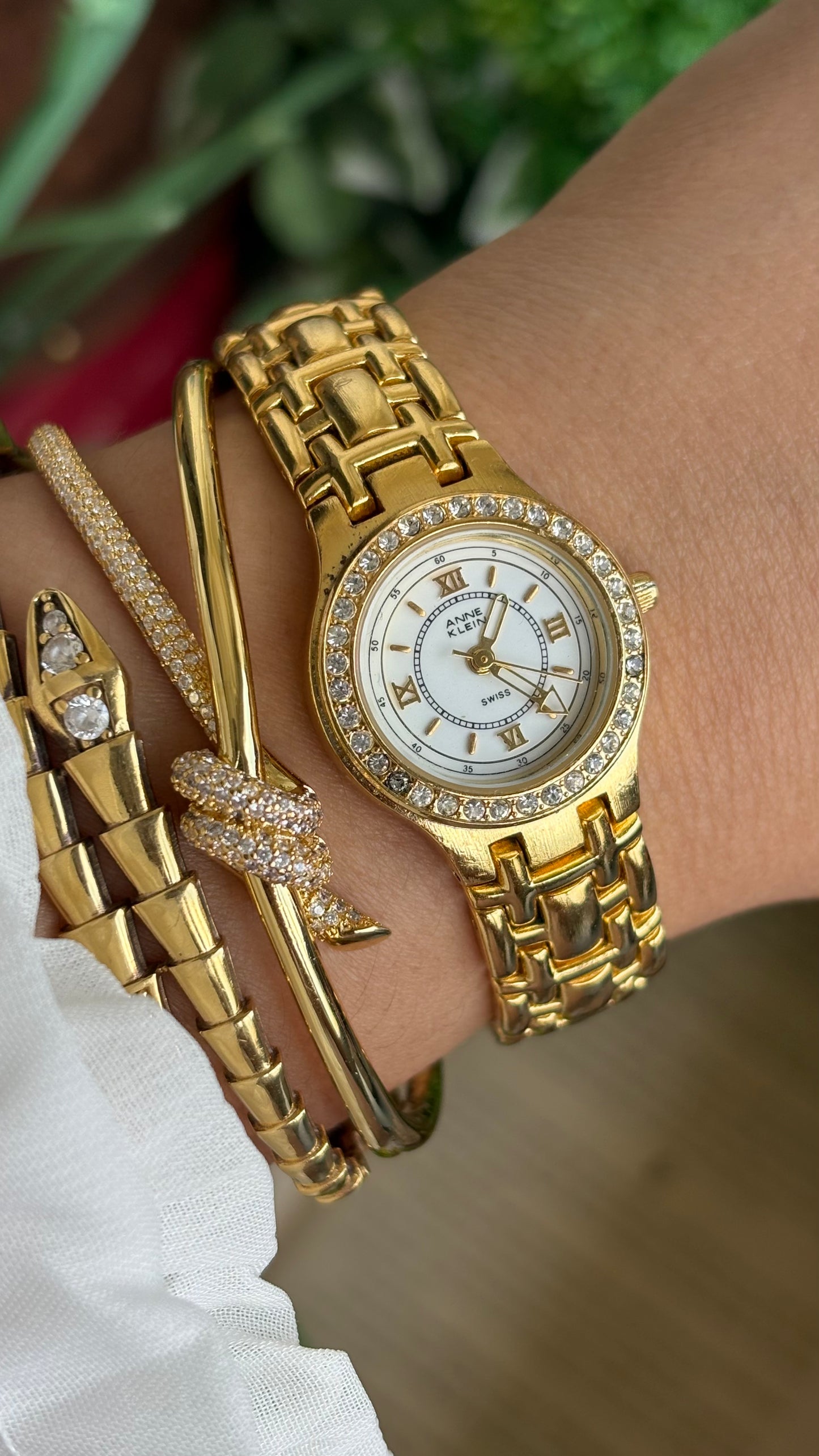 Vintage Anne Klein Bejeweled Watch in Gold Tone