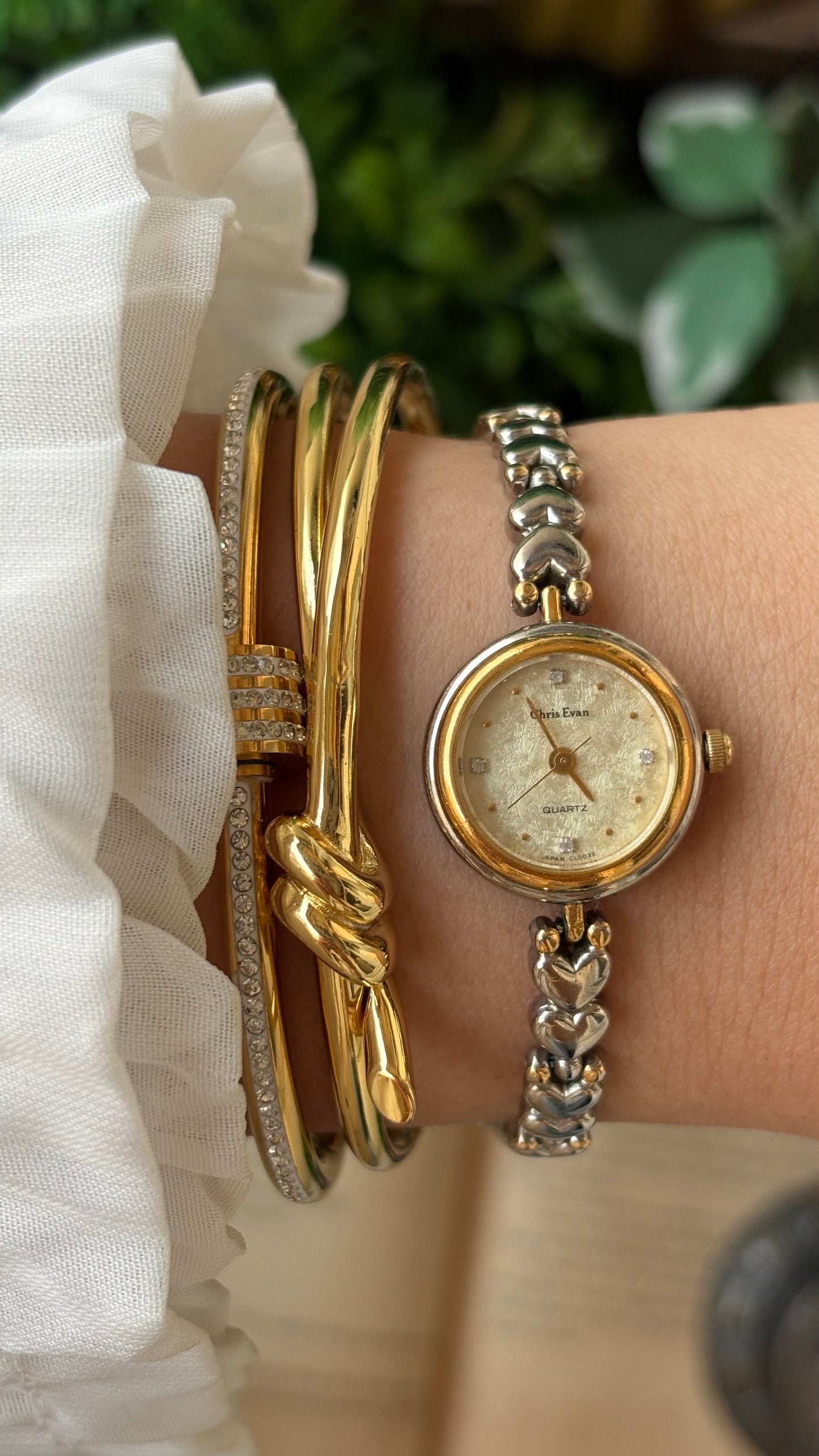 Vintage Dainty Chris Evans Heart Strap Watch in Two-Tone Gold Dial Japan Quartz