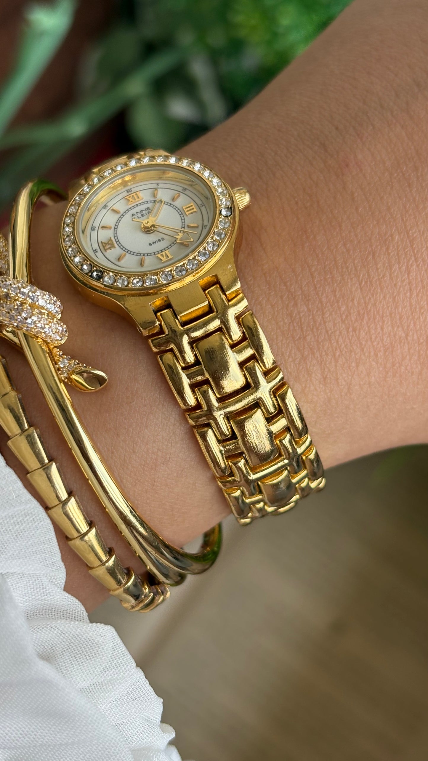 Vintage Anne Klein Bejeweled Watch in Gold Tone