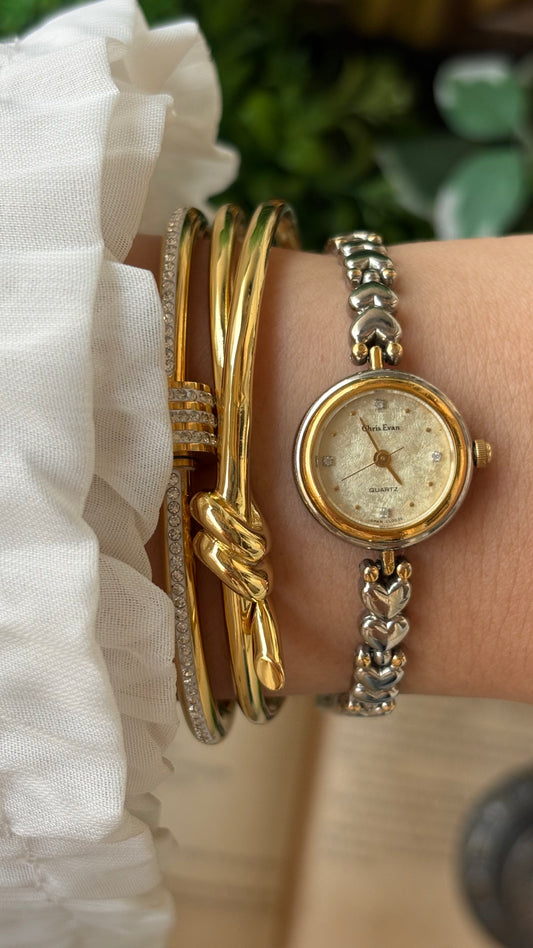 Vintage Dainty Chris Evans Heart Strap Watch in Two-Tone Gold Dial Japan Quartz