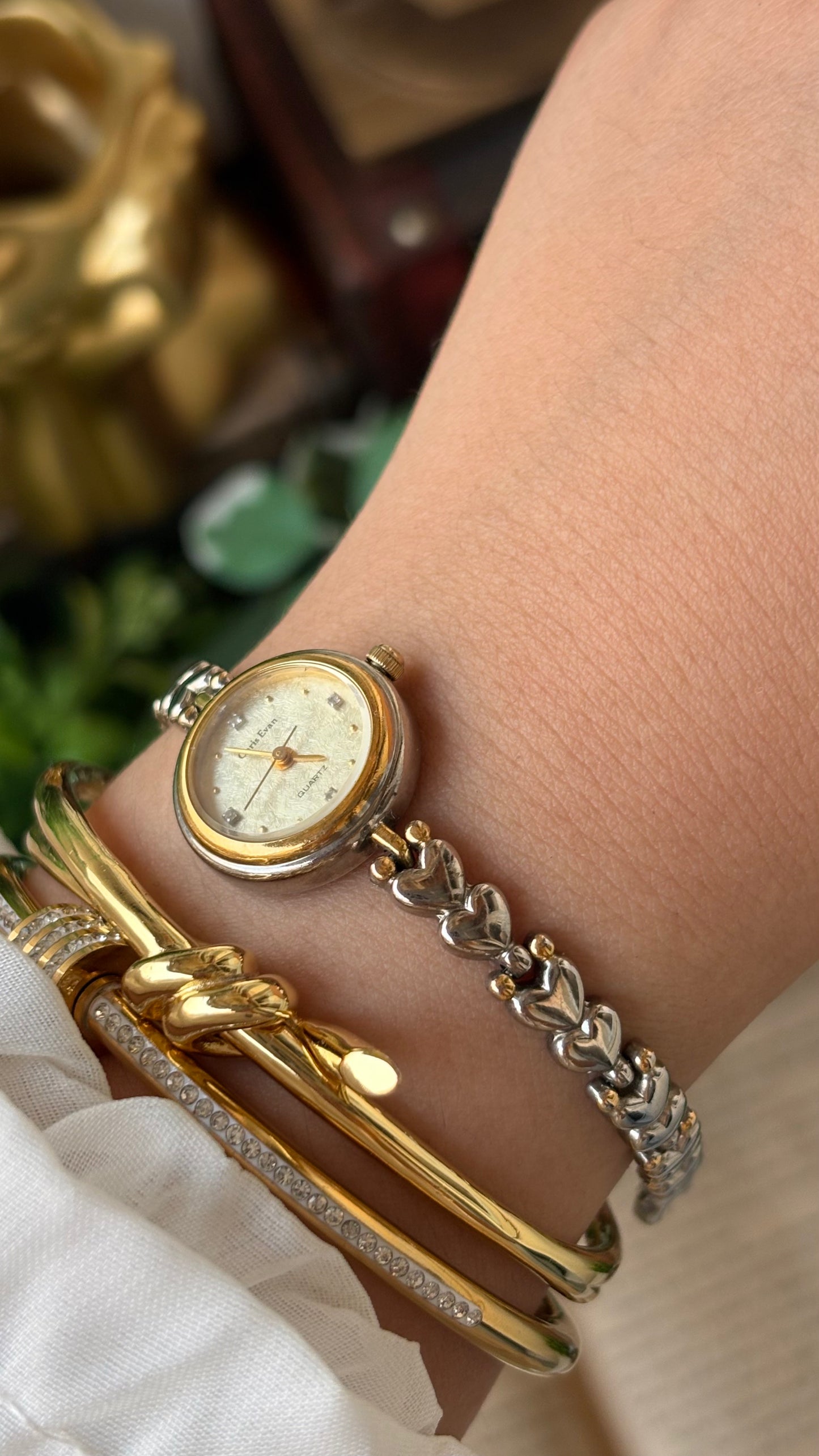 Vintage Dainty Chris Evans Heart Strap Watch in Two-Tone Gold Dial Japan Quartz