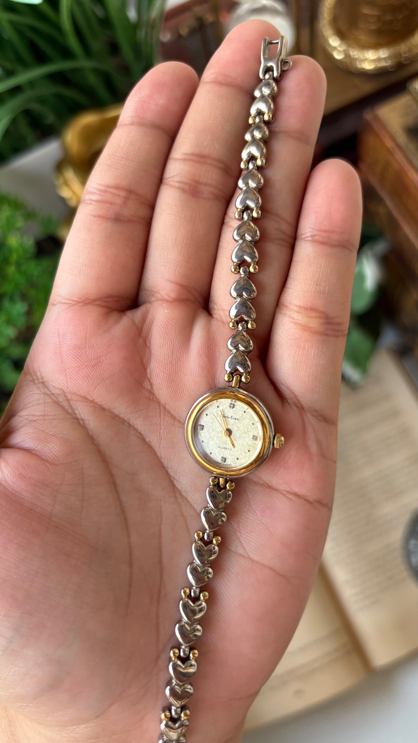 Vintage Dainty Chris Evans Heart Strap Watch in Two-Tone Gold Dial Japan Quartz