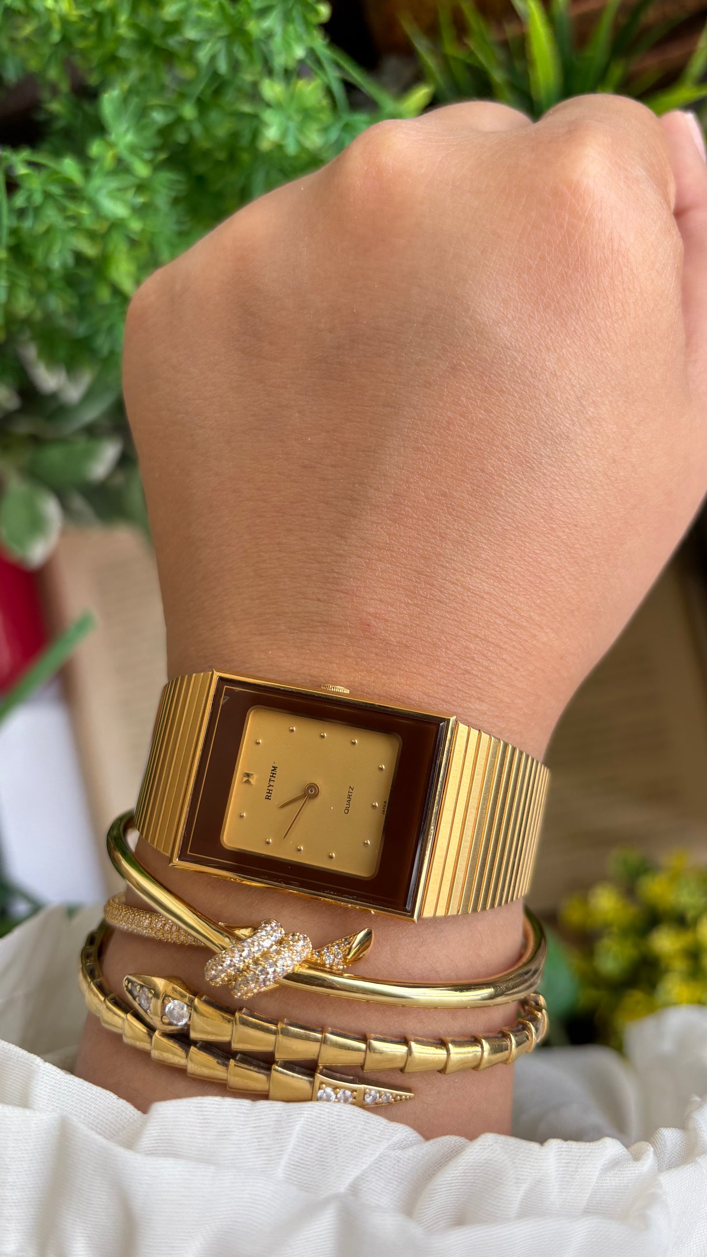Vintage Rhythm Burgundy Bezel Tank Dress Watch in Gold Tone