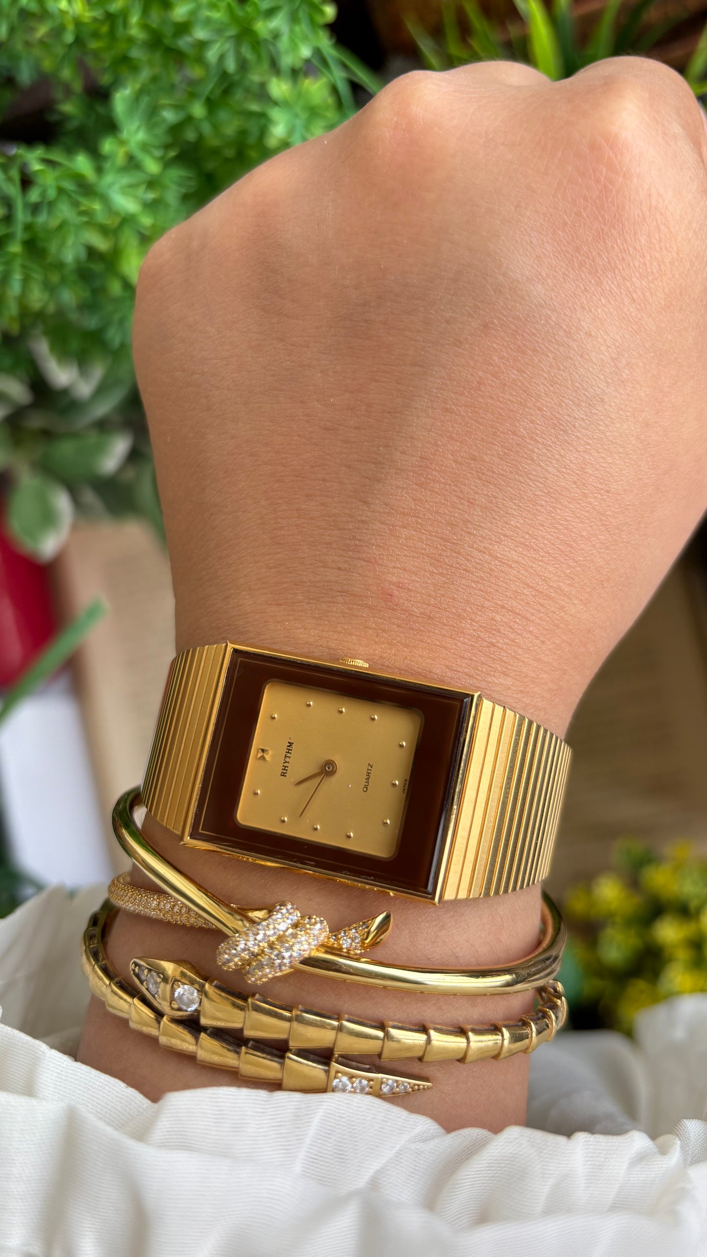 Vintage Rhythm Burgundy Bezel Tank Dress Watch in Gold Tone