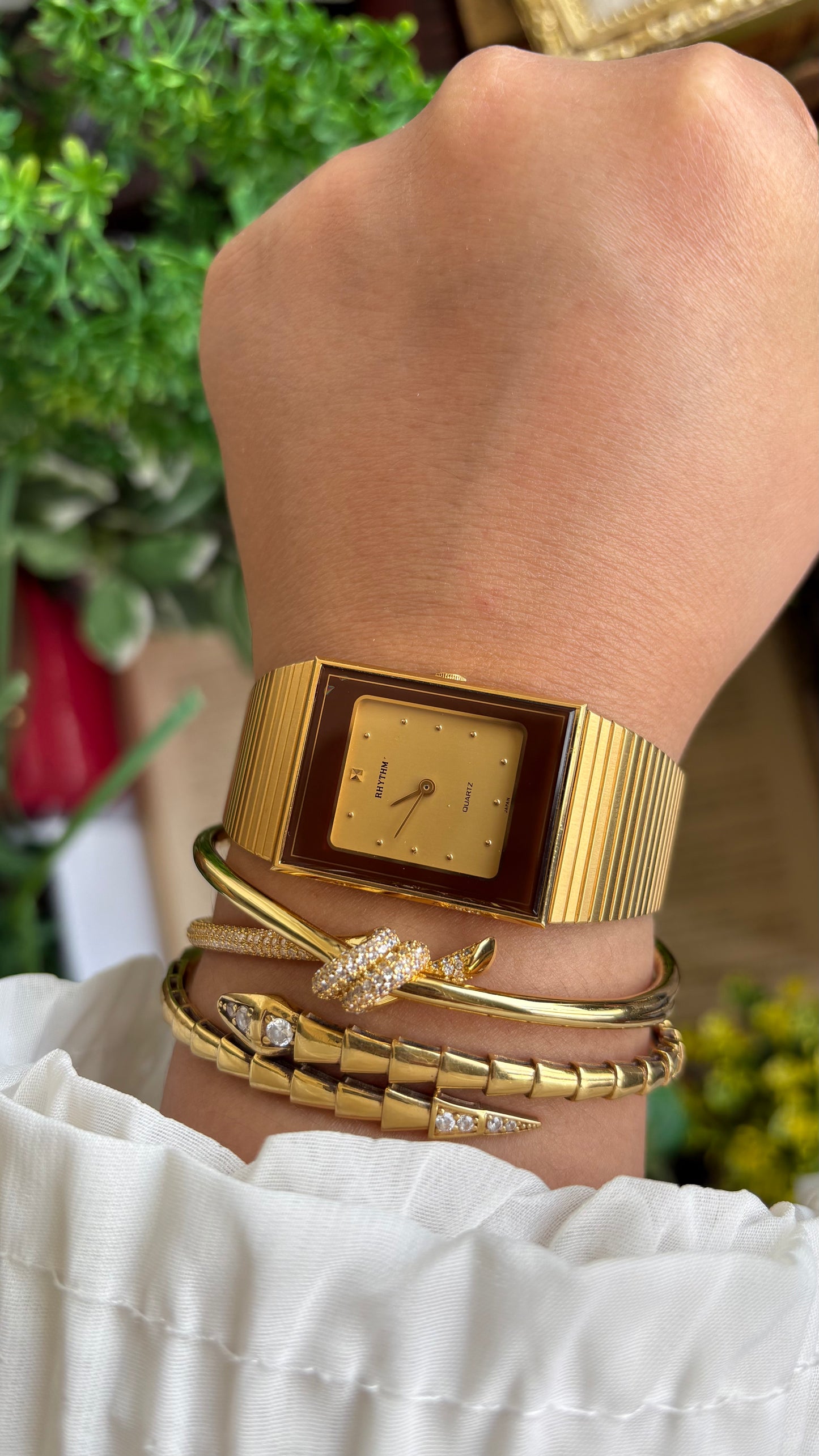 Vintage Rhythm Burgundy Bezel Tank Dress Watch in Gold Tone
