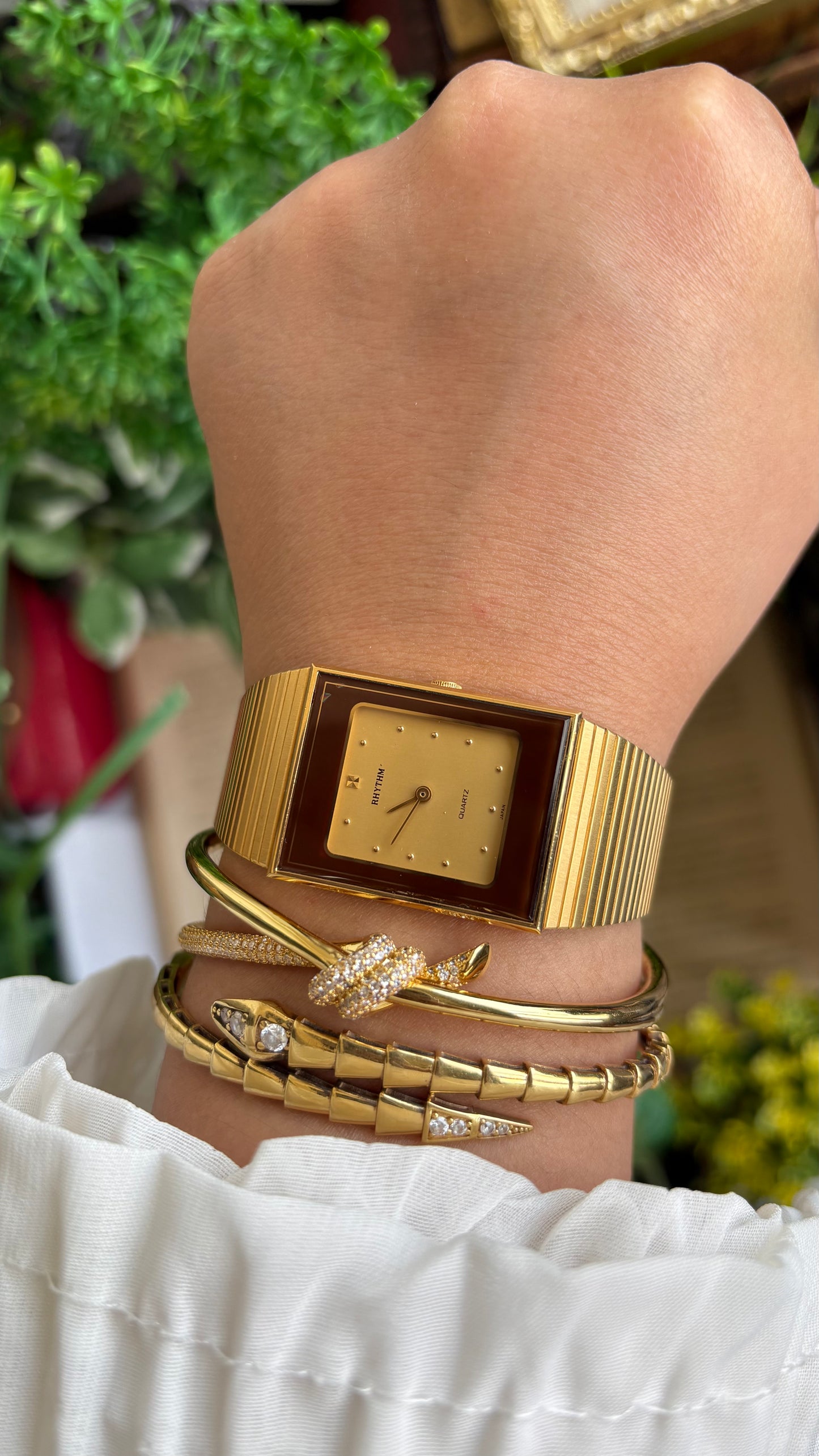 Vintage Rhythm Burgundy Bezel Tank Dress Watch in Gold Tone
