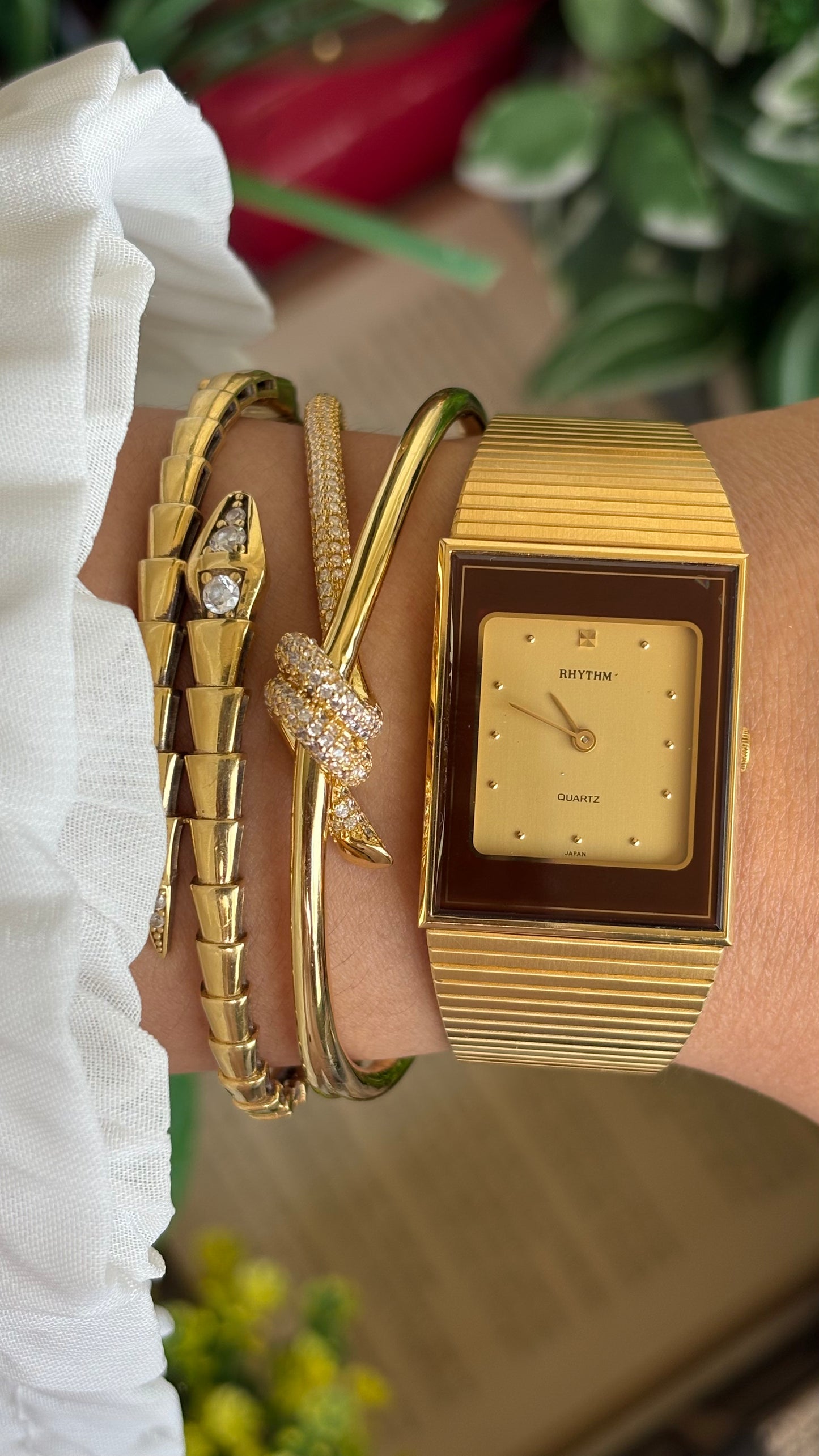 Vintage Rhythm Burgundy Bezel Tank Dress Watch in Gold Tone