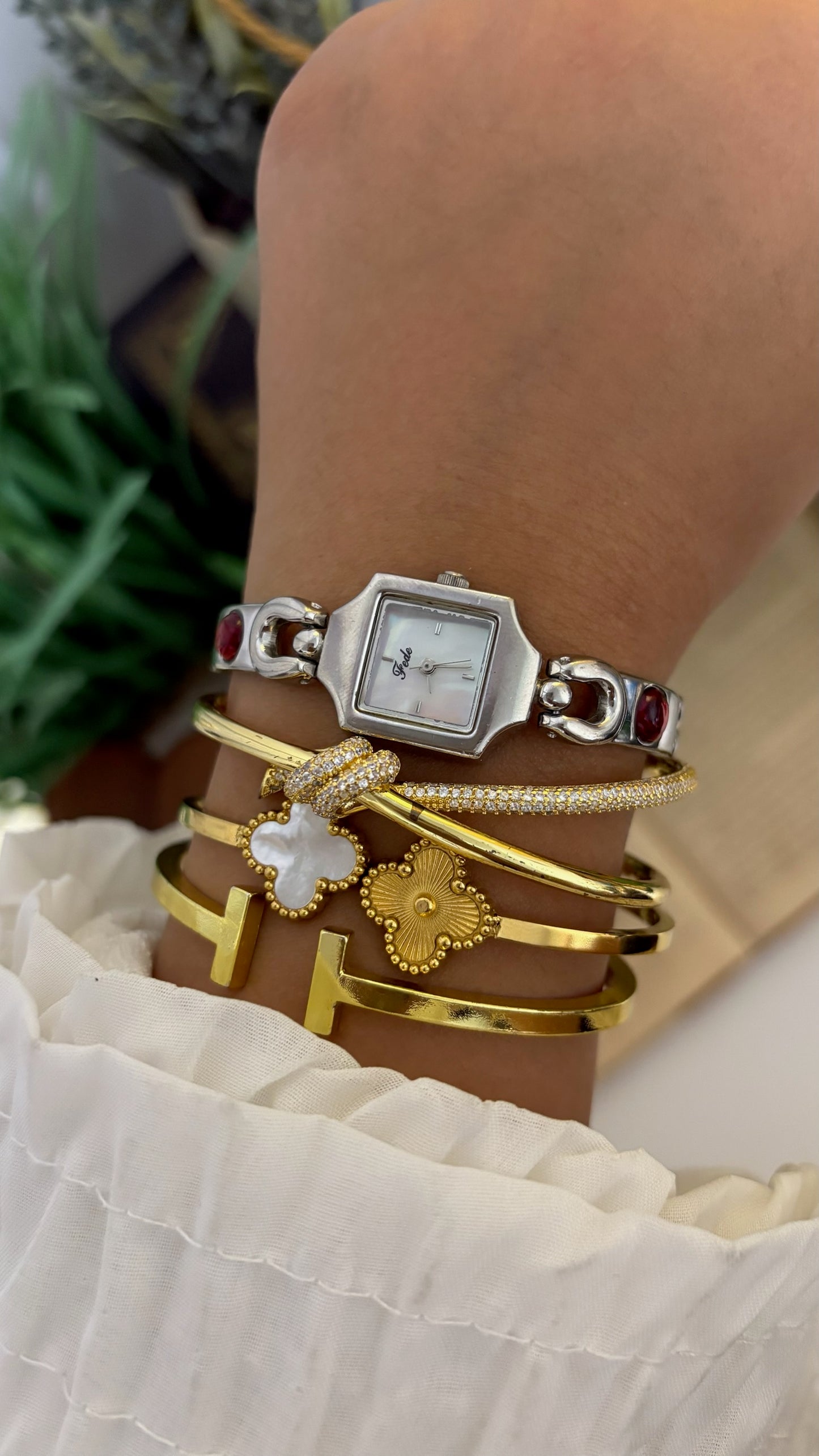 Vintage Fede Square Watch with Red Cabochon Accented Link Bracelet in Silver Tone Quartz