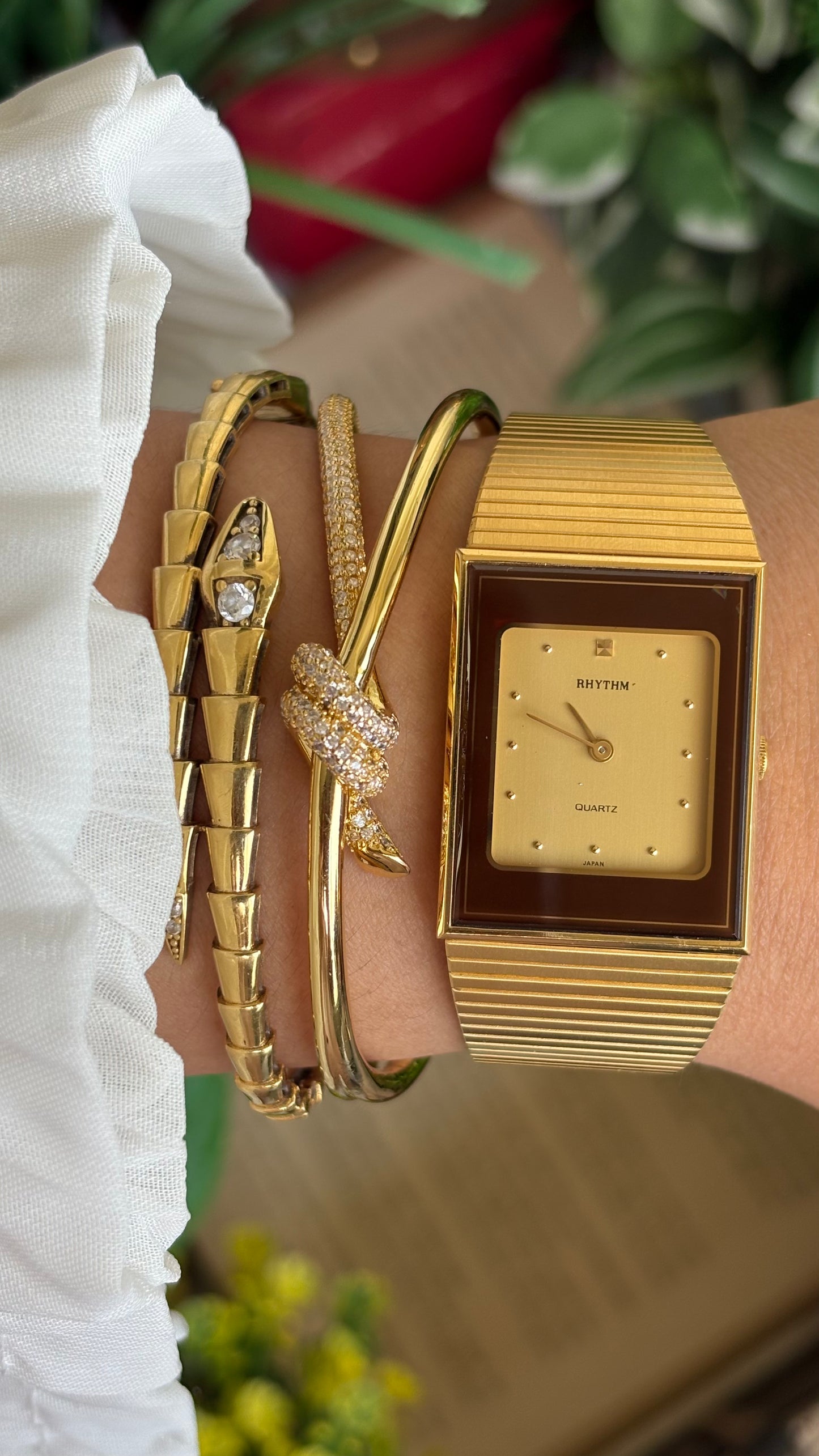 Vintage Rhythm Burgundy Bezel Tank Dress Watch in Gold Tone