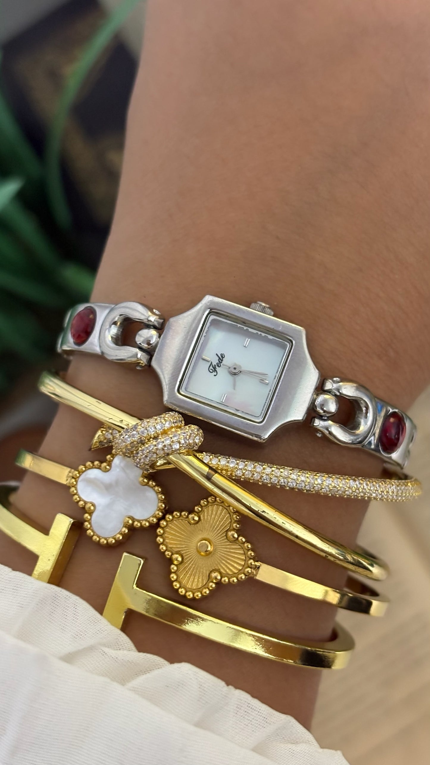 Vintage Fede Square Watch with Red Cabochon Accented Link Bracelet in Silver Tone Quartz