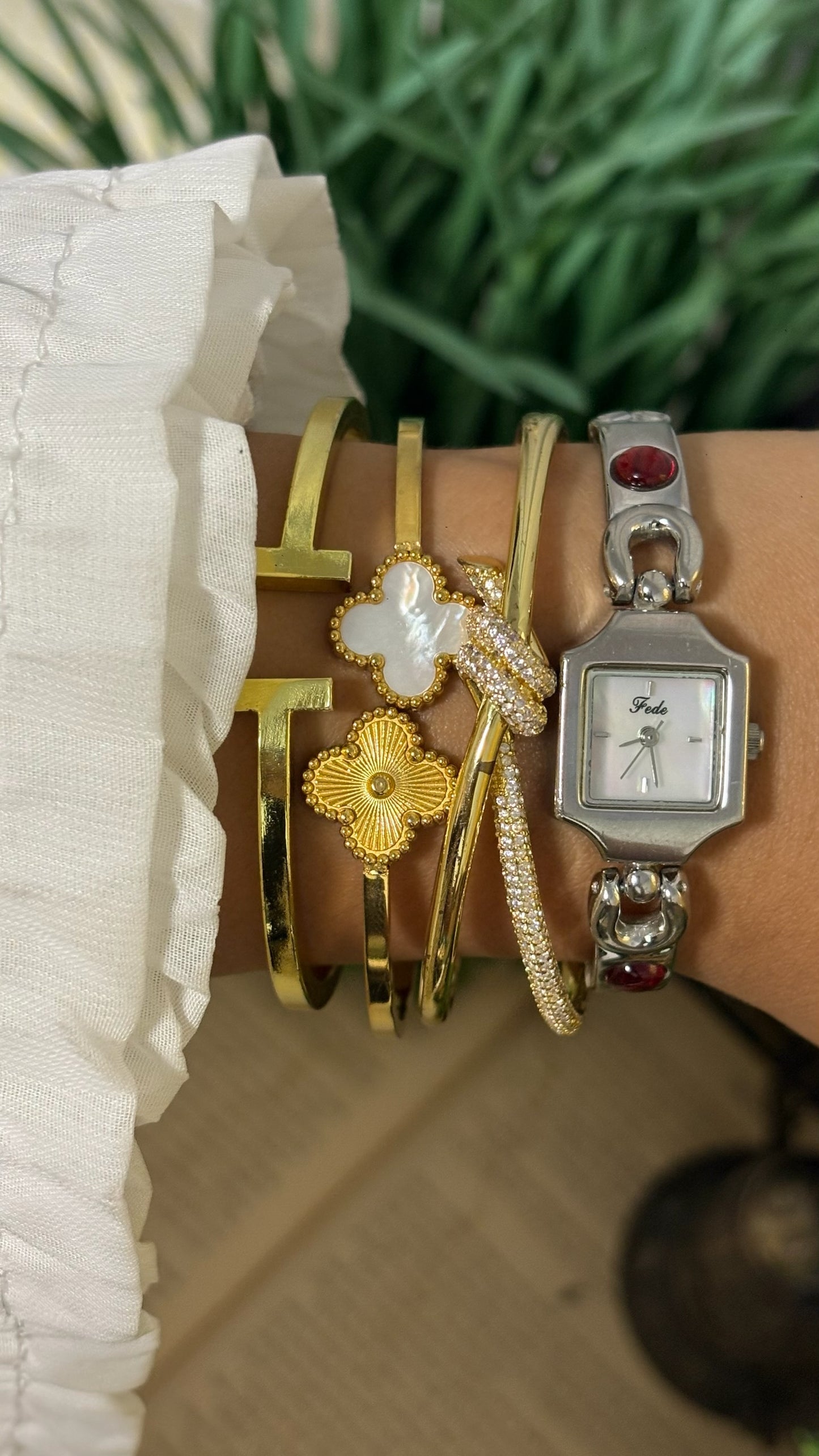 Vintage Fede Square Watch with Red Cabochon Accented Link Bracelet in Silver Tone Quartz