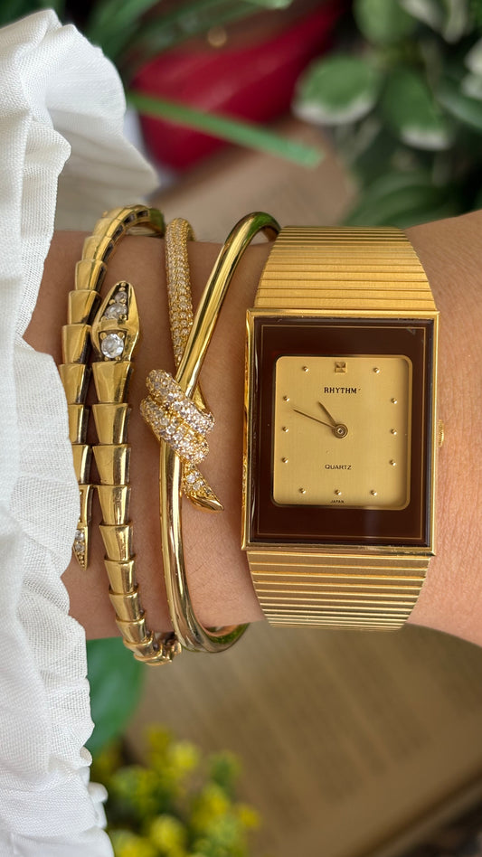 Vintage Rhythm Burgundy Bezel Tank Dress Watch in Gold Tone