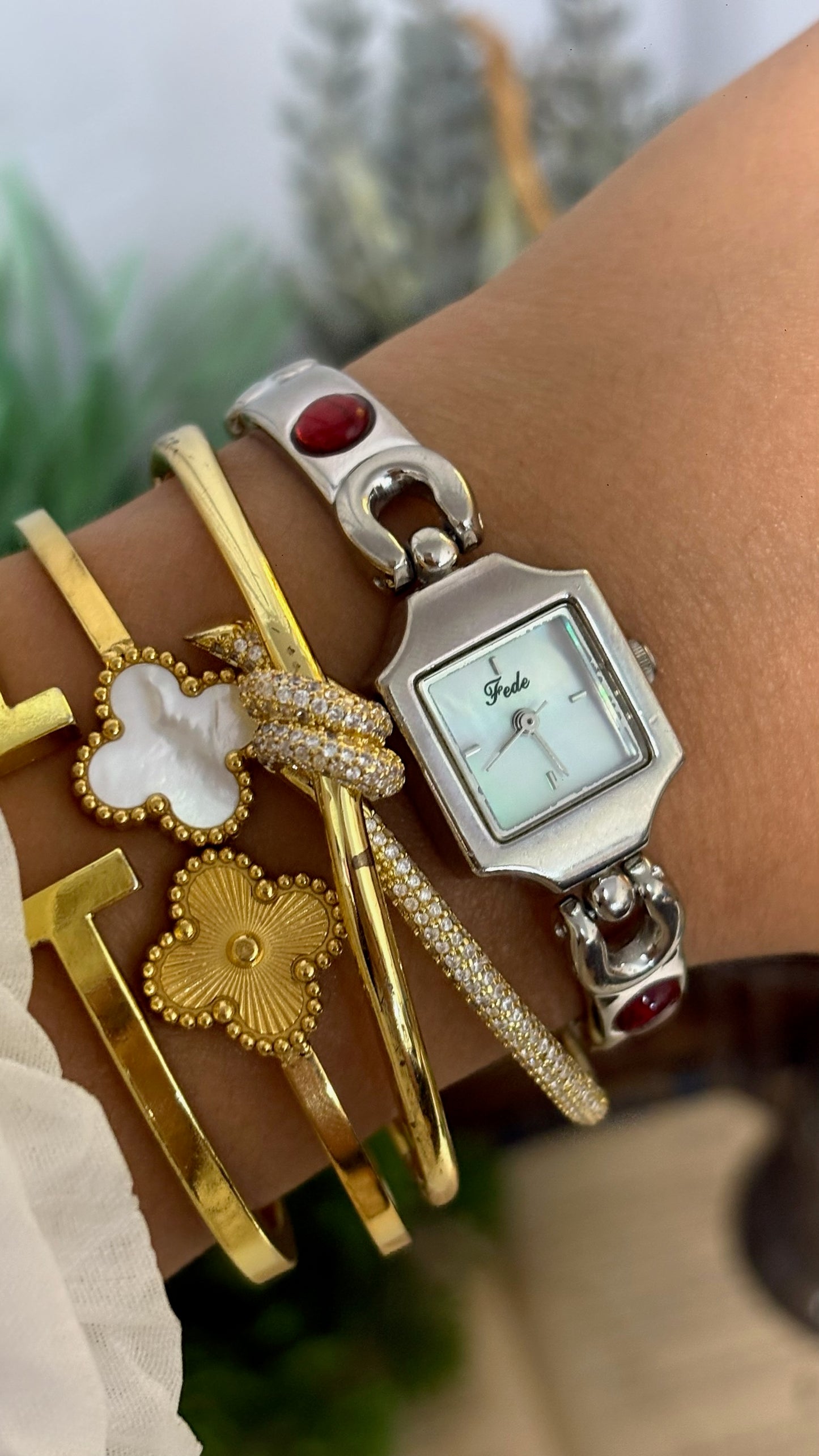 Vintage Fede Square Watch with Red Cabochon Accented Link Bracelet in Silver Tone Quartz