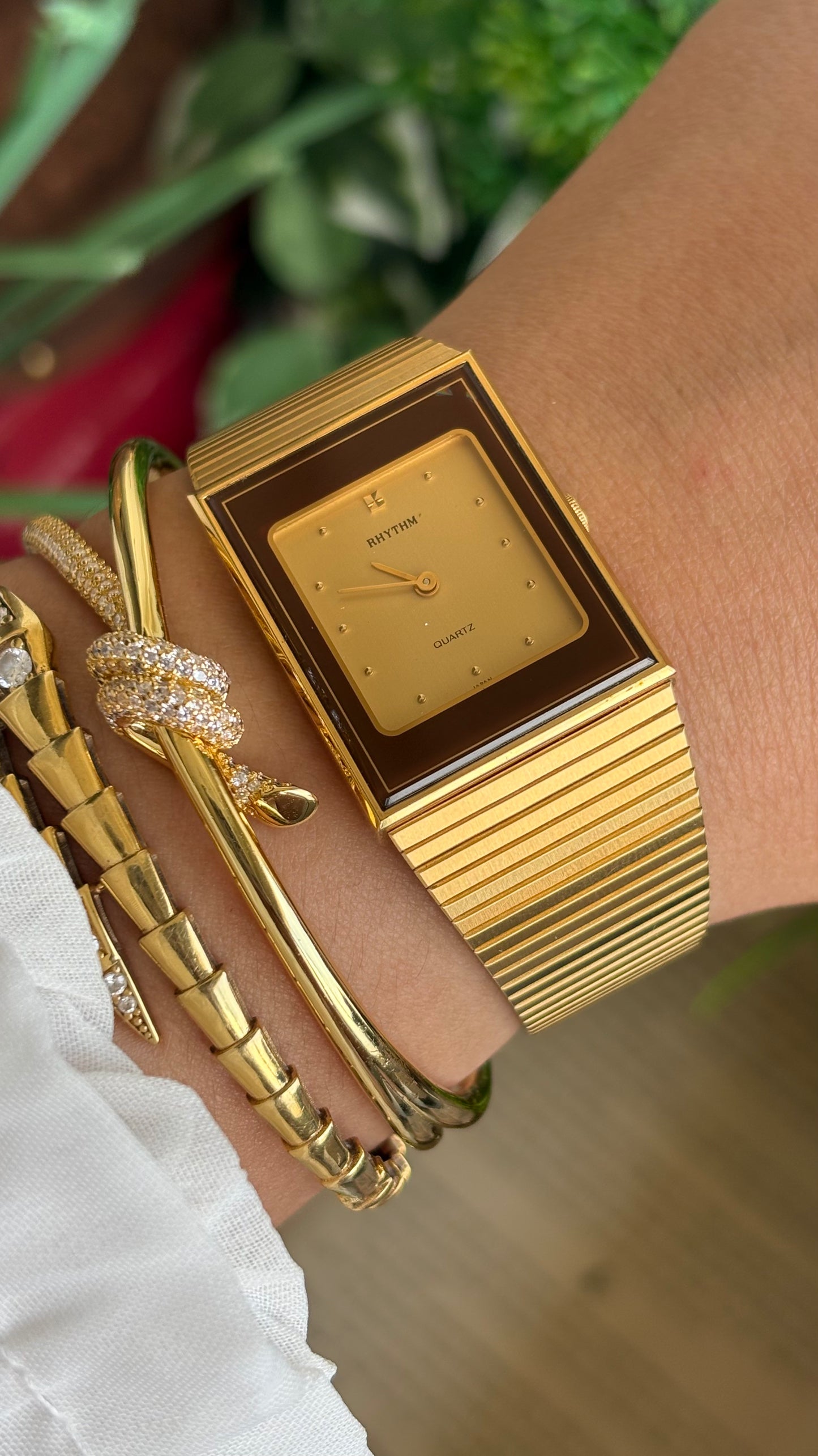 Vintage Rhythm Burgundy Bezel Tank Dress Watch in Gold Tone