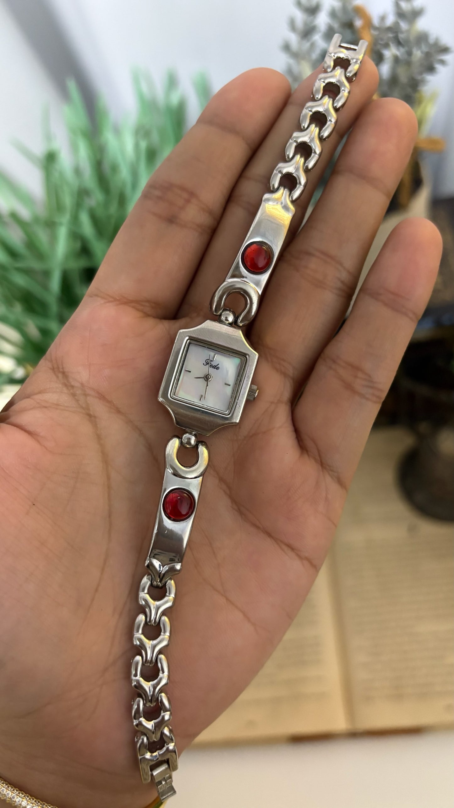 Vintage Fede Square Watch with Red Cabochon Accented Link Bracelet in Silver Tone Quartz