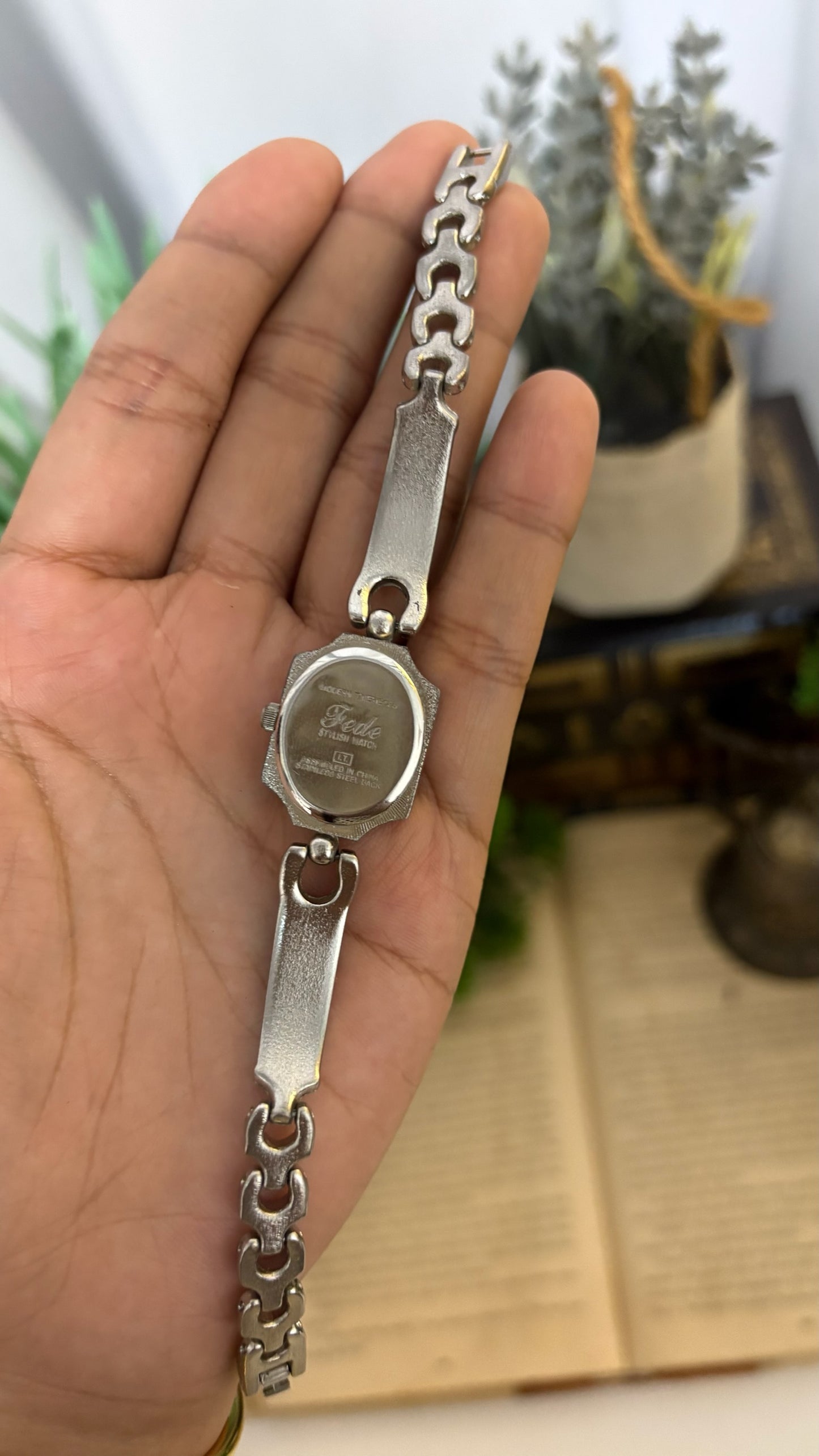 Vintage Fede Square Watch with Red Cabochon Accented Link Bracelet in Silver Tone Quartz