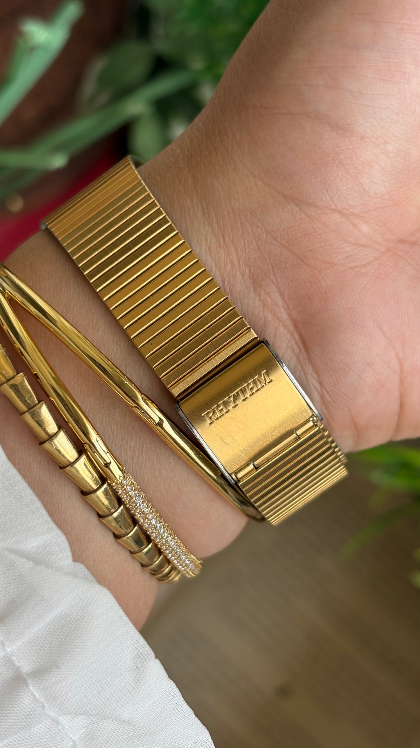 Vintage Rhythm Burgundy Bezel Tank Dress Watch in Gold Tone