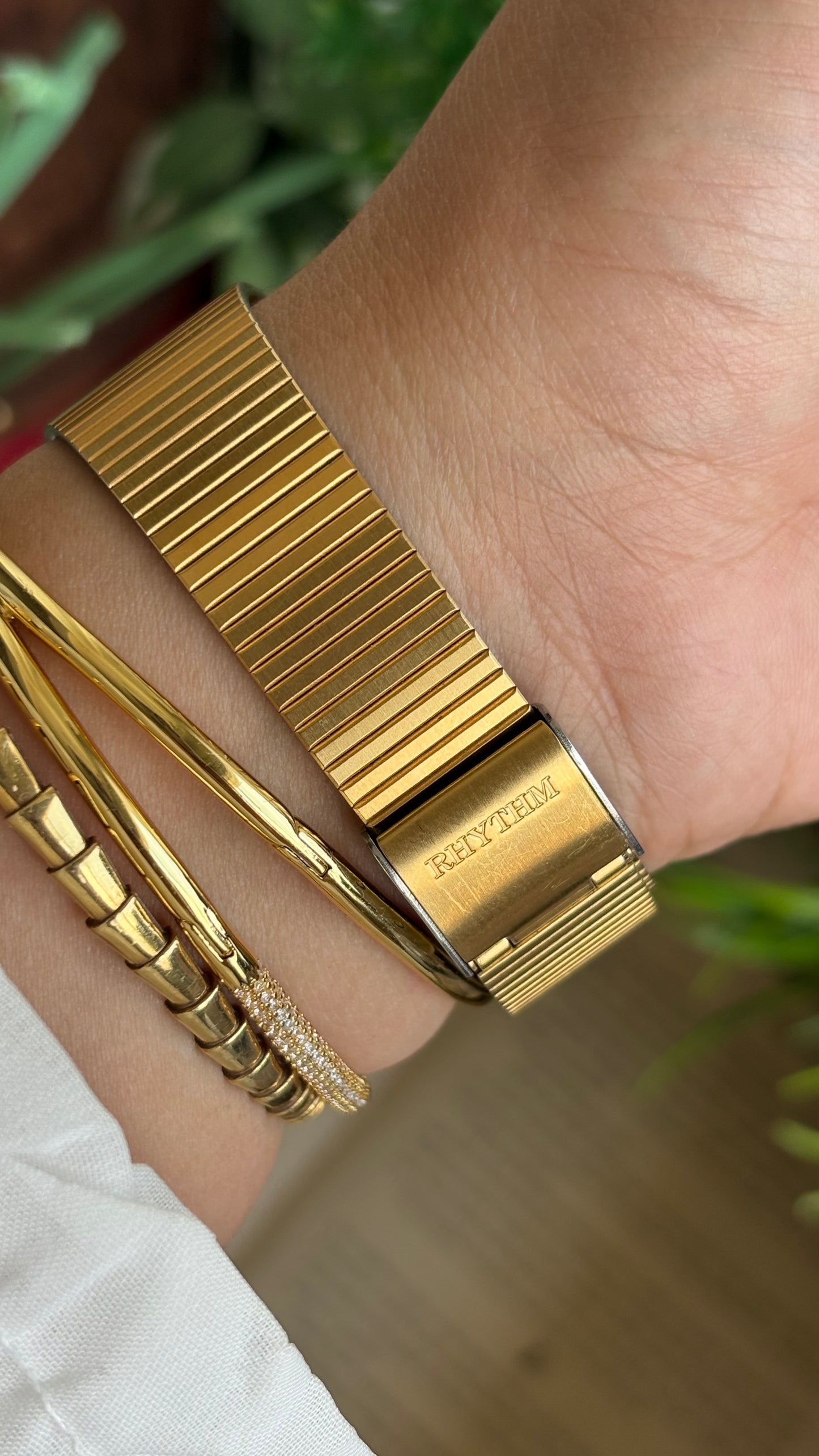 Vintage Rhythm Burgundy Bezel Tank Dress Watch in Gold Tone