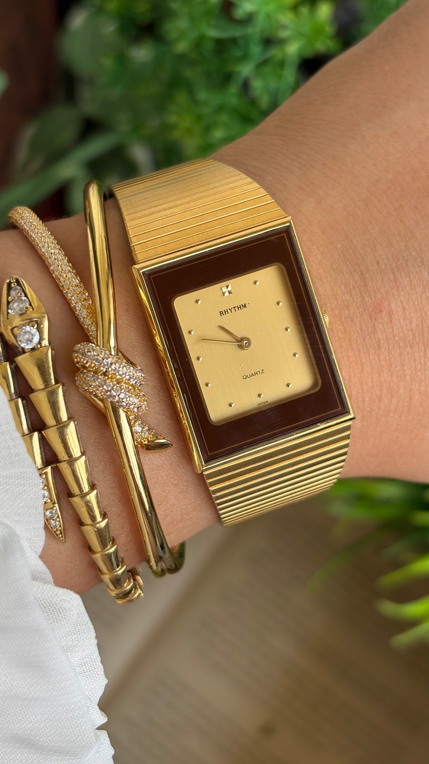 Vintage Rhythm Burgundy Bezel Tank Dress Watch in Gold Tone