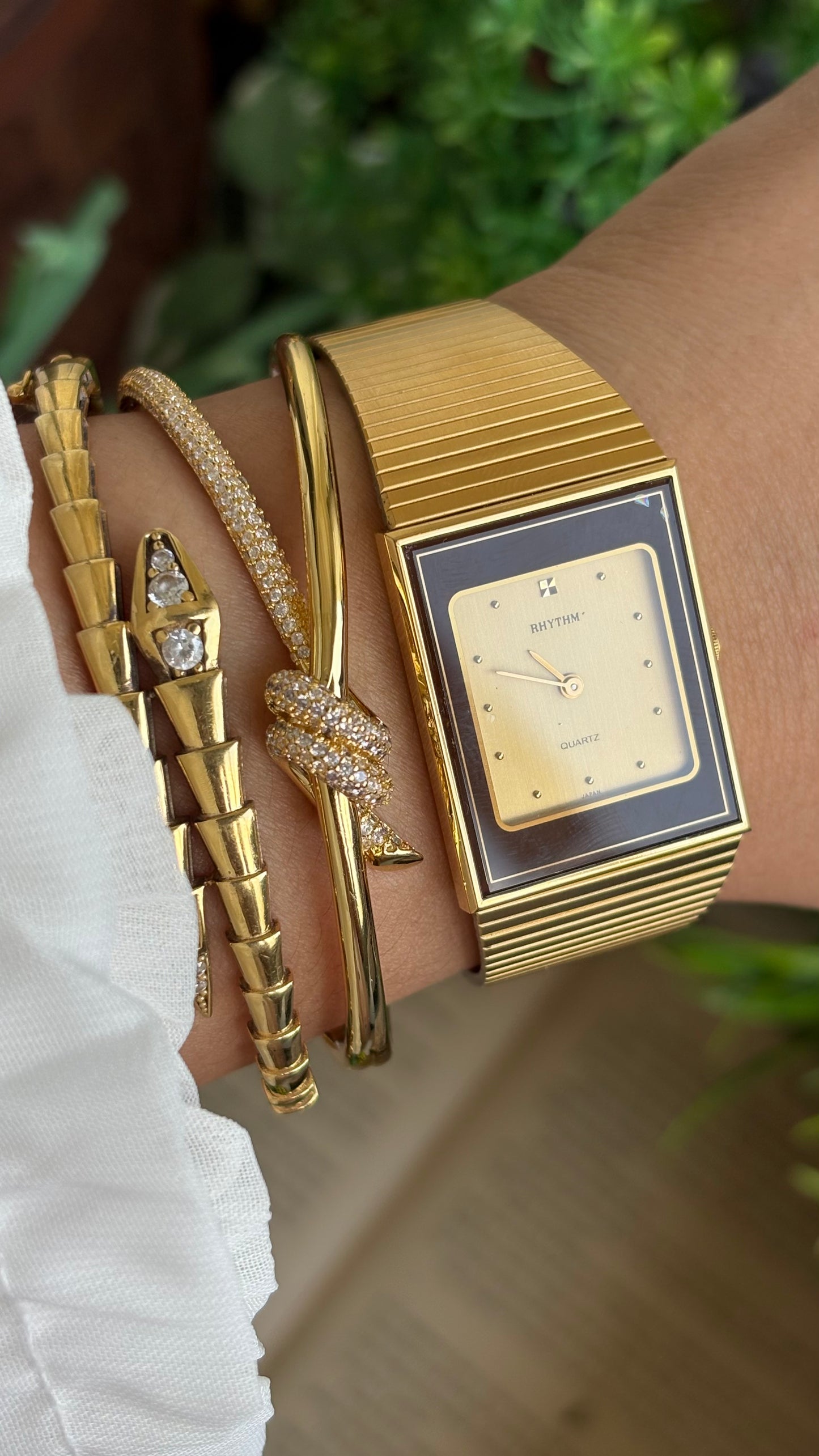 Vintage Rhythm Burgundy Bezel Tank Dress Watch in Gold Tone