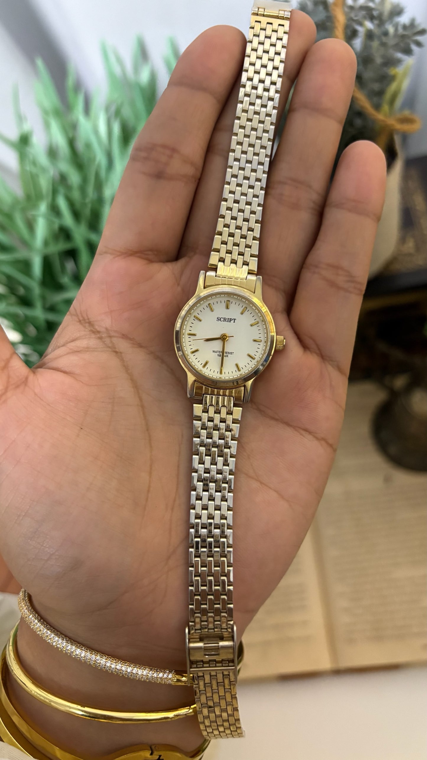 Vintage Jaxis Script Round Watch with Two-Tone Brick Link Bracelet in Gold Tone Quartz