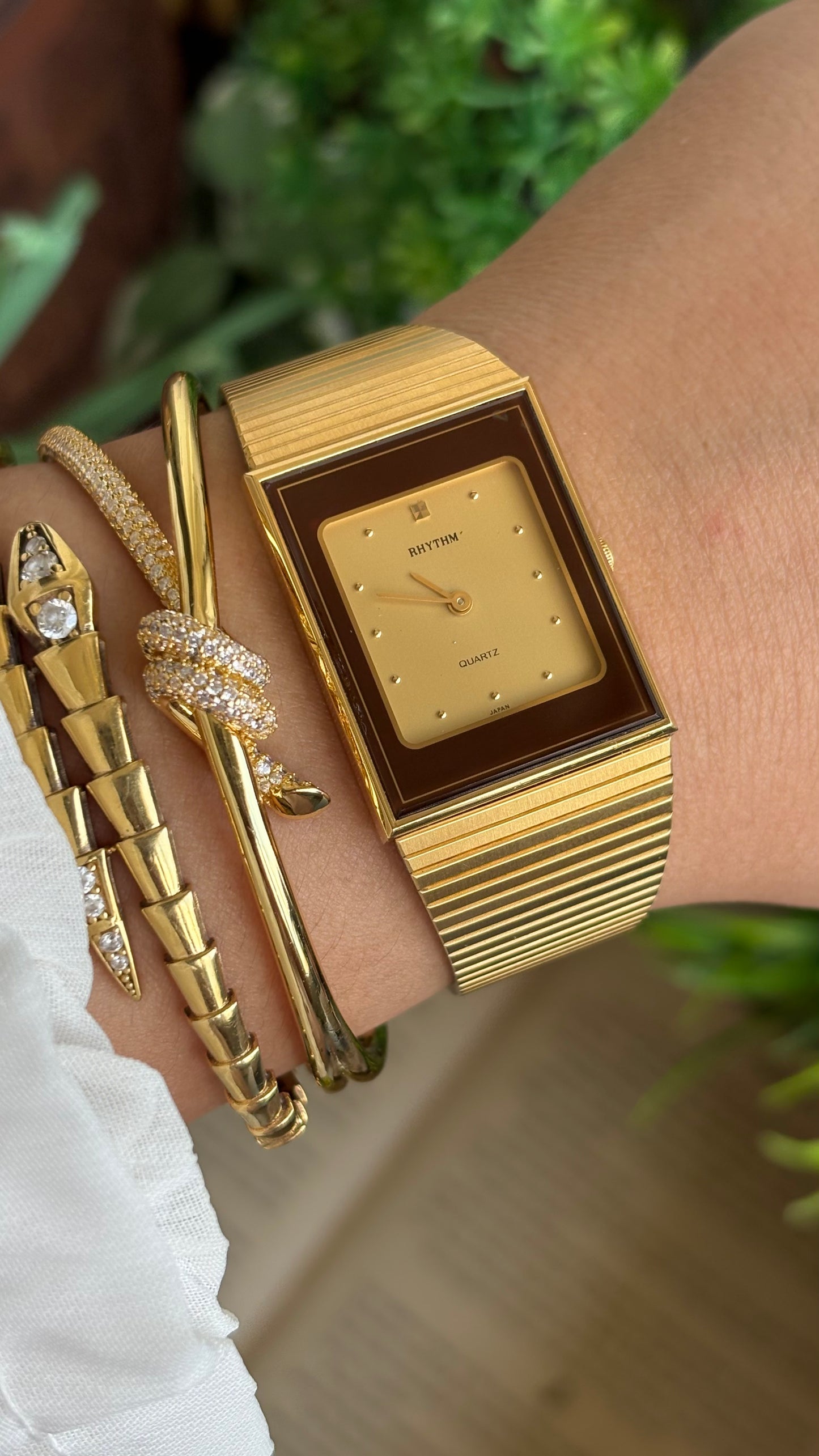 Vintage Rhythm Burgundy Bezel Tank Dress Watch in Gold Tone