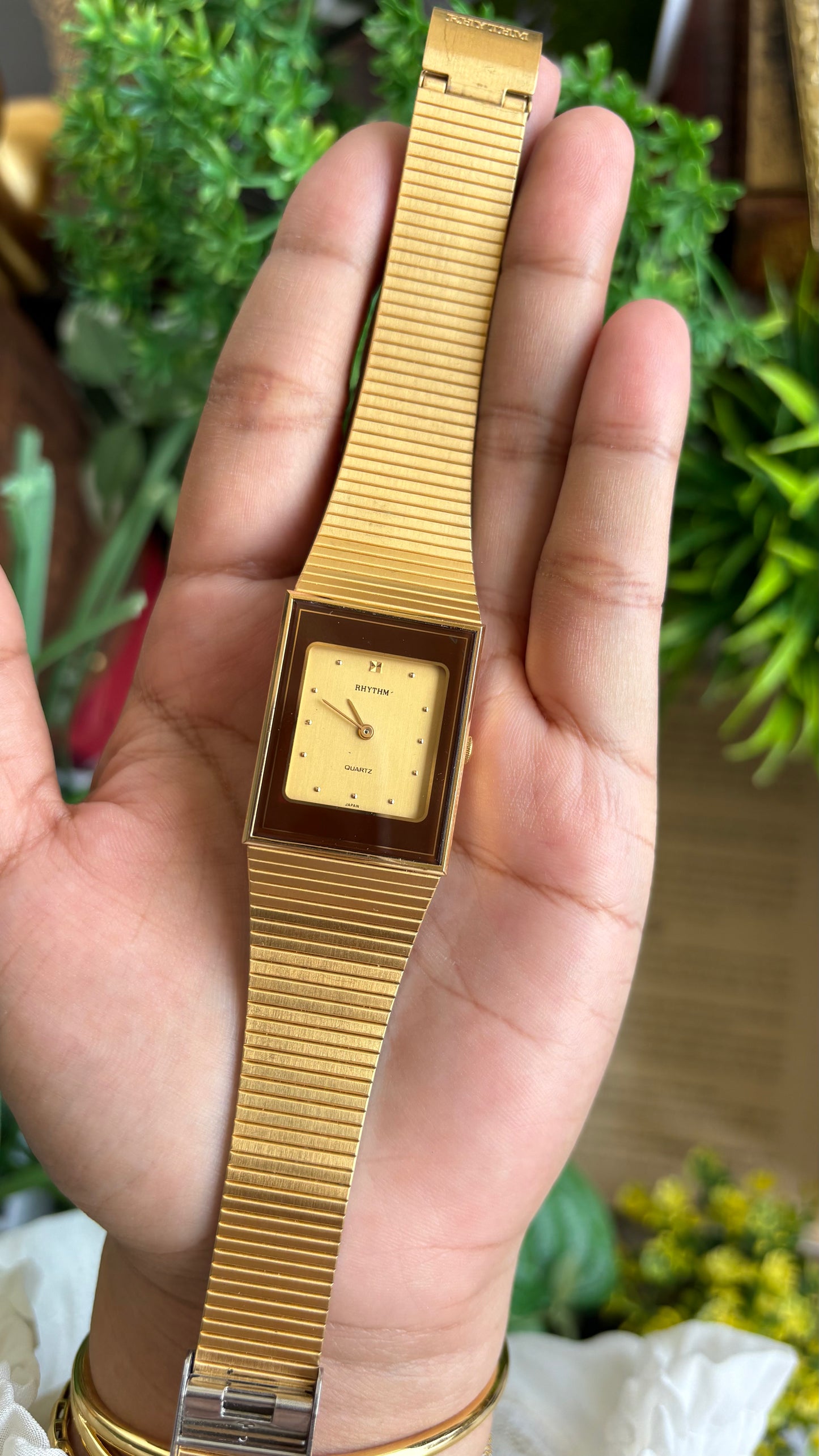 Vintage Rhythm Burgundy Bezel Tank Dress Watch in Gold Tone