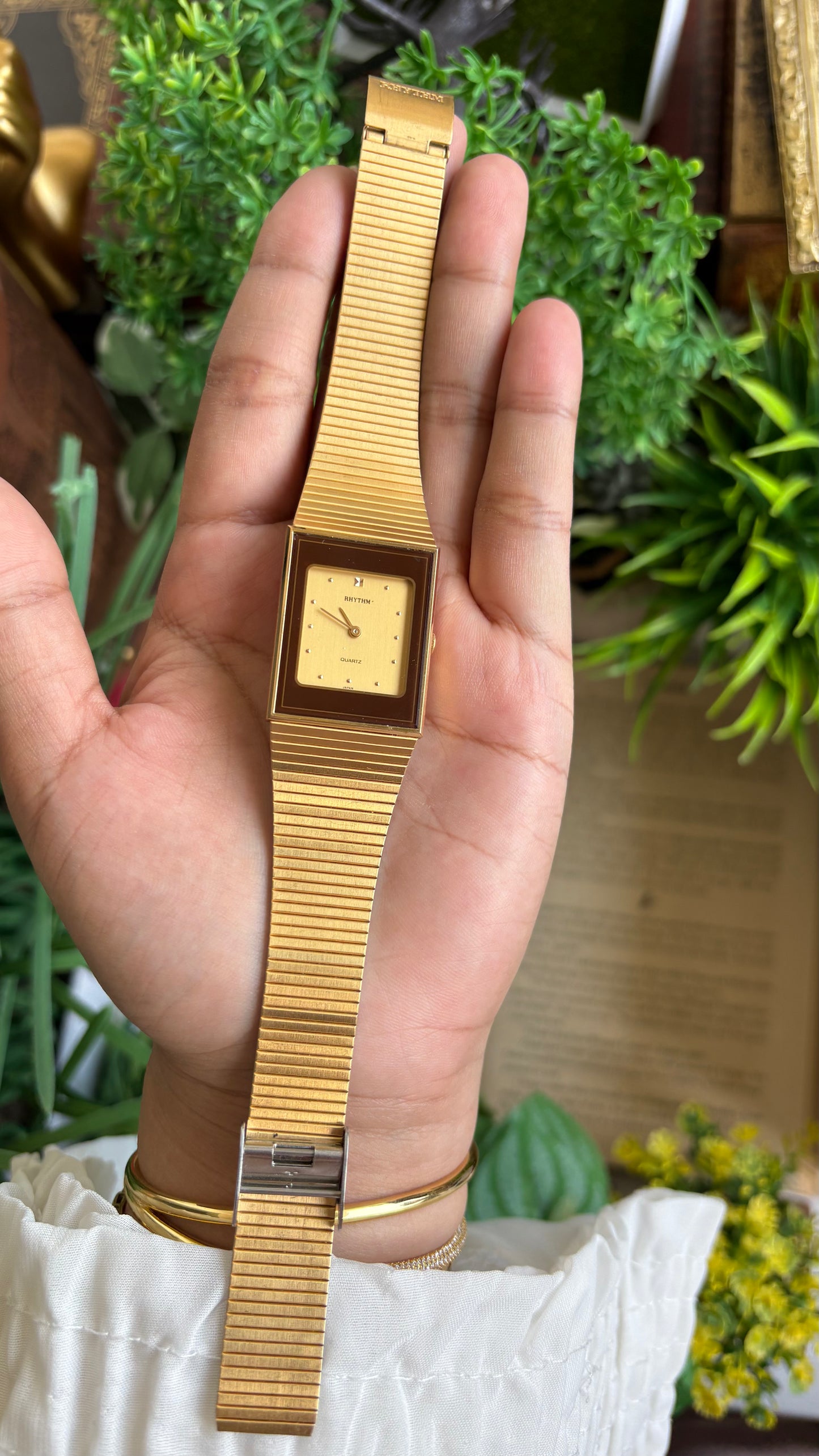 Vintage Rhythm Burgundy Bezel Tank Dress Watch in Gold Tone
