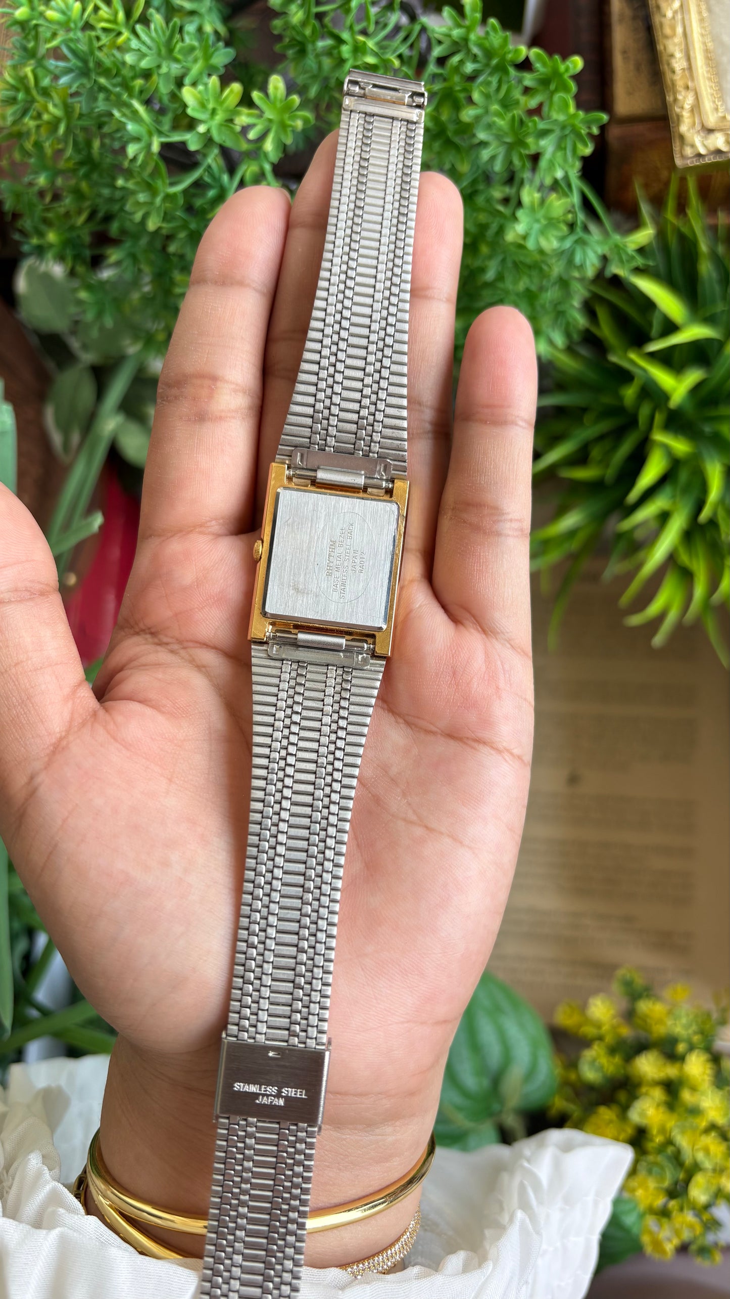 Vintage Rhythm Burgundy Bezel Tank Dress Watch in Gold Tone