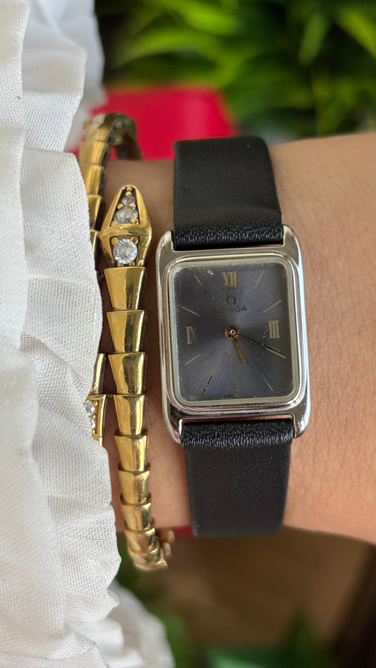 Vintage Omega Swiss Mini Tank Women’s Dress Watch in Black Leather Strap with Omega Box