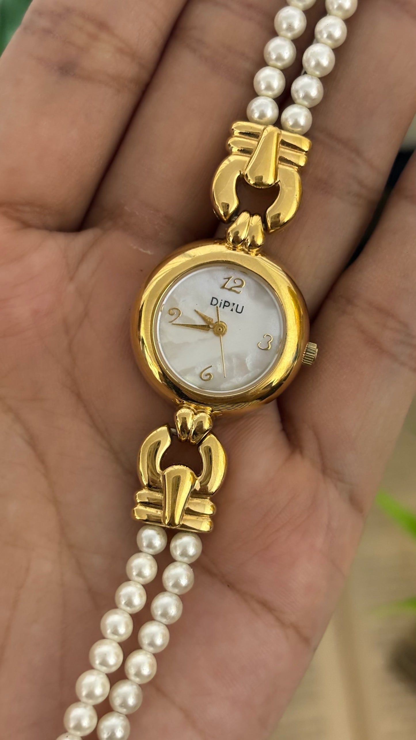 Vintage DiPiU Round Watch with Faux Pearl Double Strand Strap in Gold Tone Quartz