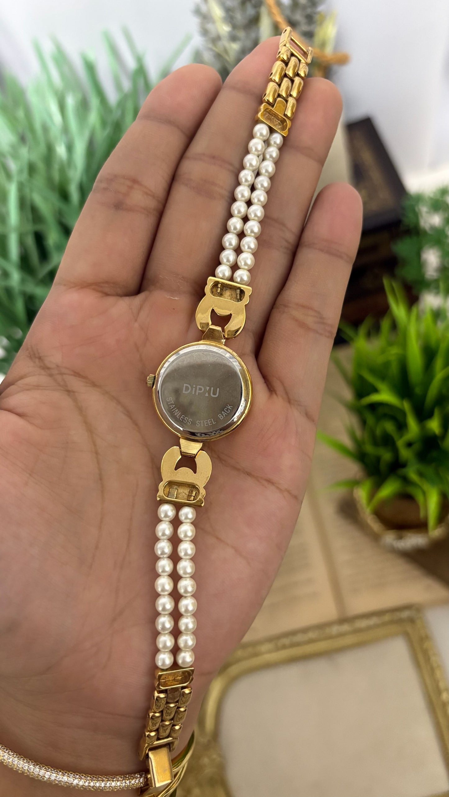 Vintage DiPiU Round Watch with Faux Pearl Double Strand Strap in Gold Tone Quartz