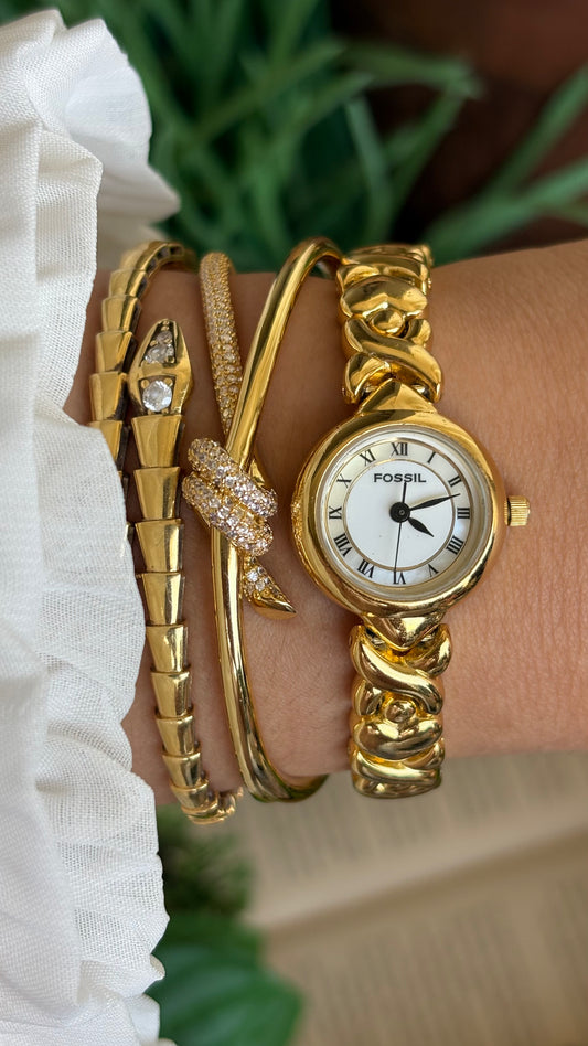 Vintage Fossil Watch in Gold Tone Heart Straps Roman Dial