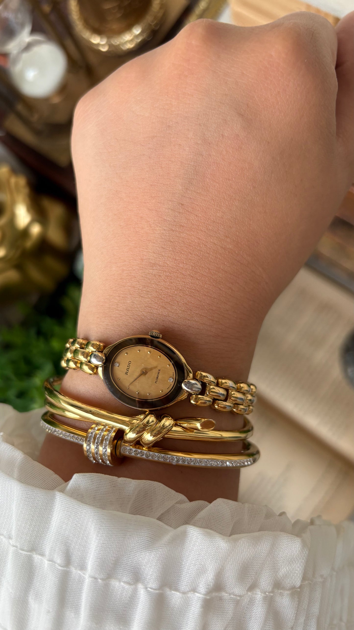 Extremely Rare Vintage Dainty Elegant Rado Florence Swiss Bracelet Watch in Gold Tone Rhinestone Oval Dial Quartz