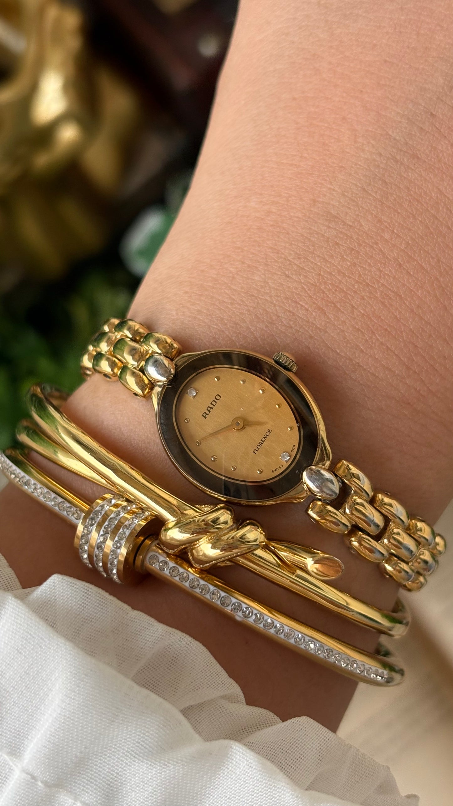 Extremely Rare Vintage Dainty Elegant Rado Florence Swiss Bracelet Watch in Gold Tone Rhinestone Oval Dial Quartz