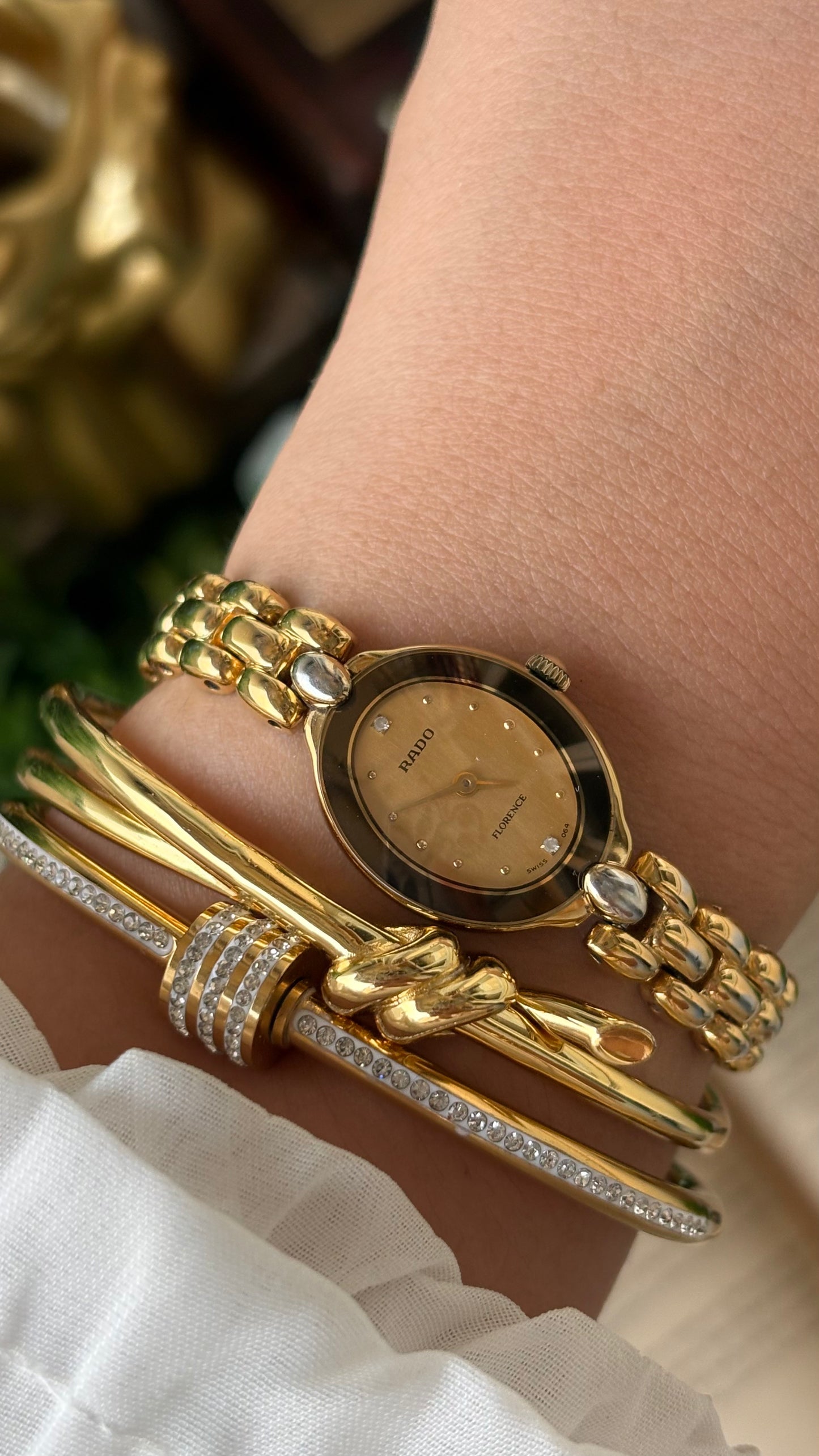 Extremely Rare Vintage Dainty Elegant Rado Florence Swiss Bracelet Watch in Gold Tone Rhinestone Oval Dial Quartz