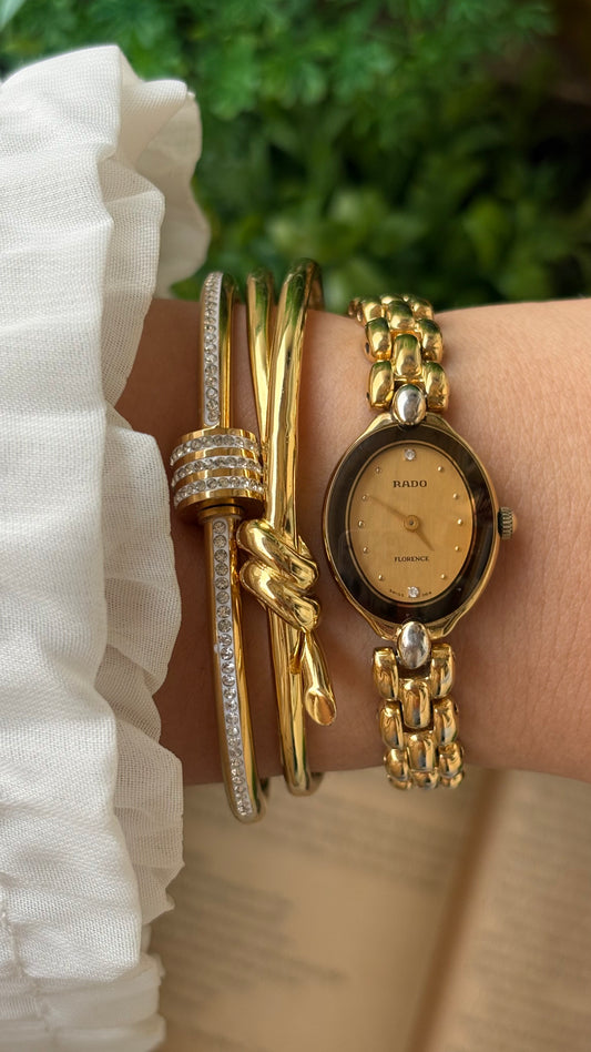 Extremely Rare Vintage Dainty Elegant Rado Florence Swiss Bracelet Watch in Gold Tone Rhinestone Oval Dial Quartz