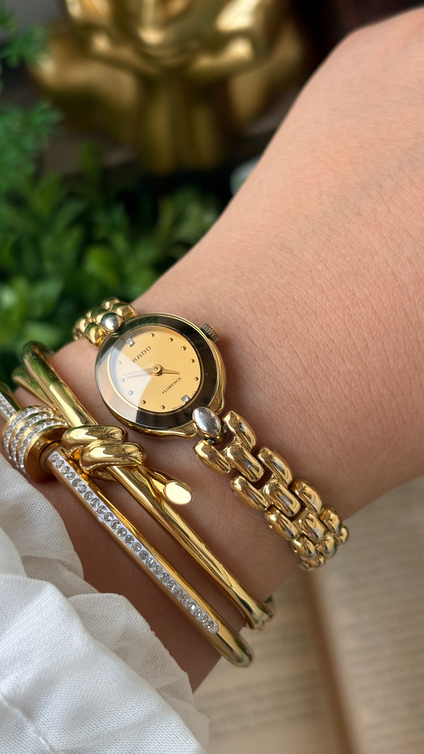 Extremely Rare Vintage Dainty Elegant Rado Florence Swiss Bracelet Watch in Gold Tone Rhinestone Oval Dial Quartz