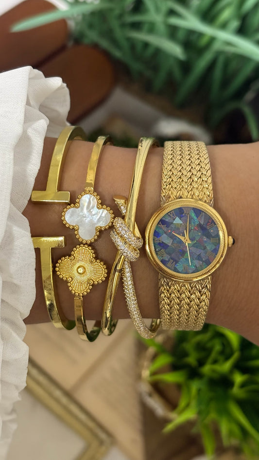 Vintage Via Brera Round Watch with Mosaic Opal Effect Dial and Gold Tone Woven Mesh Strap