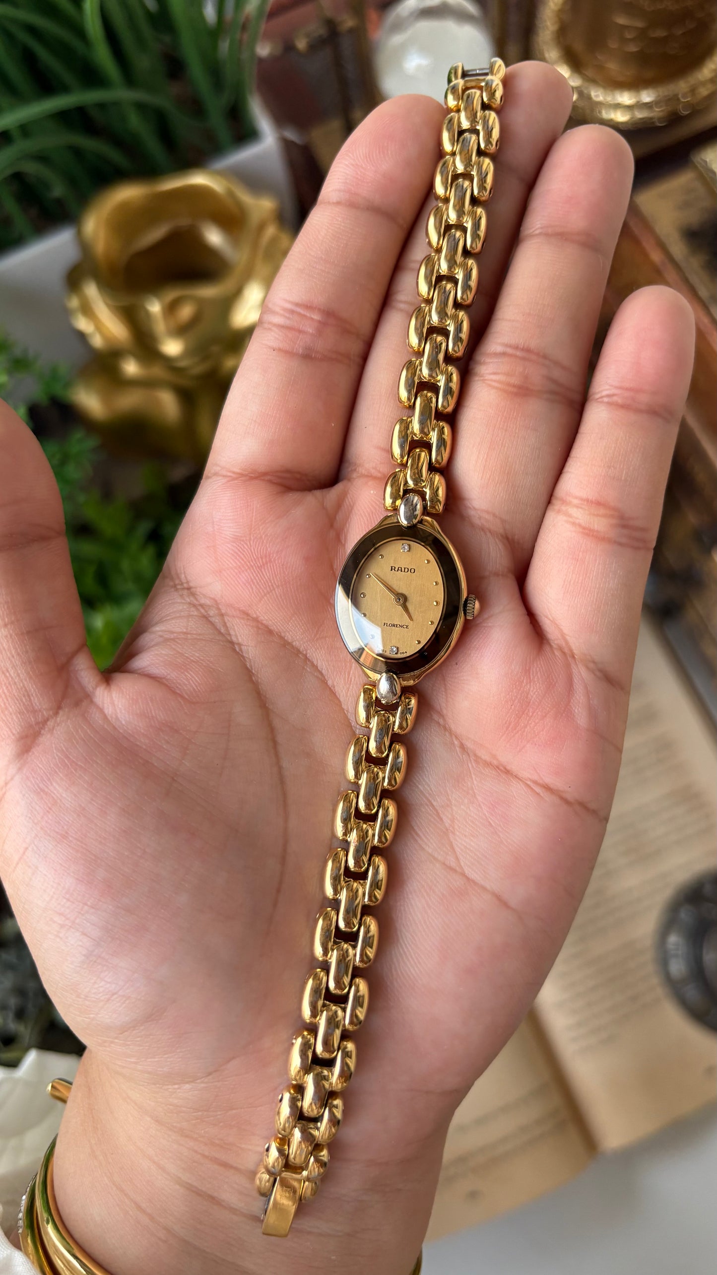 Extremely Rare Vintage Dainty Elegant Rado Florence Swiss Bracelet Watch in Gold Tone Rhinestone Oval Dial Quartz