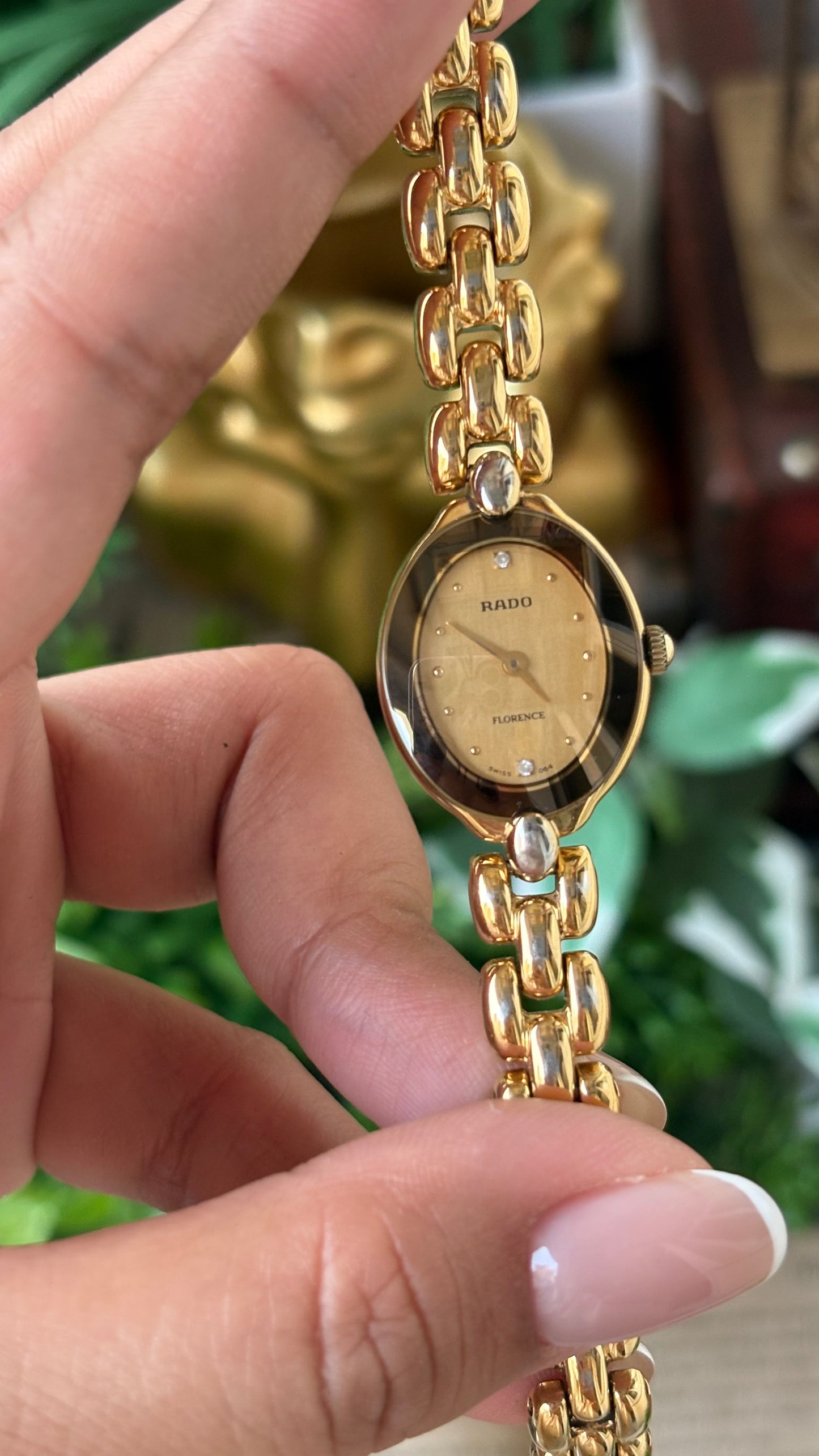 Extremely Rare Vintage Dainty Elegant Rado Florence Swiss Bracelet Watch in Gold Tone Rhinestone Oval Dial Quartz