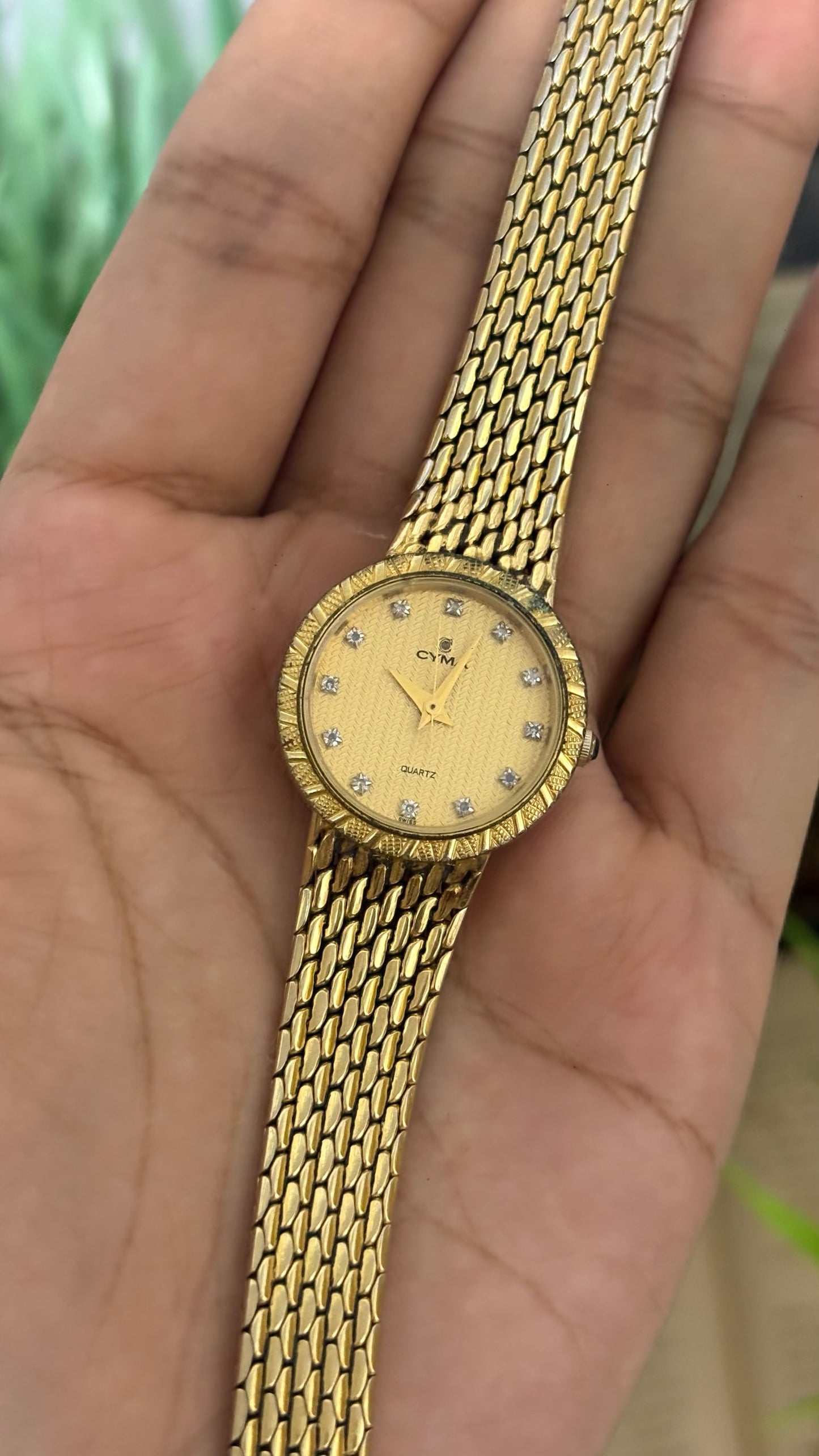 Vintage Cyma Round Watch with Gold Tone Basket Weave Link Strap